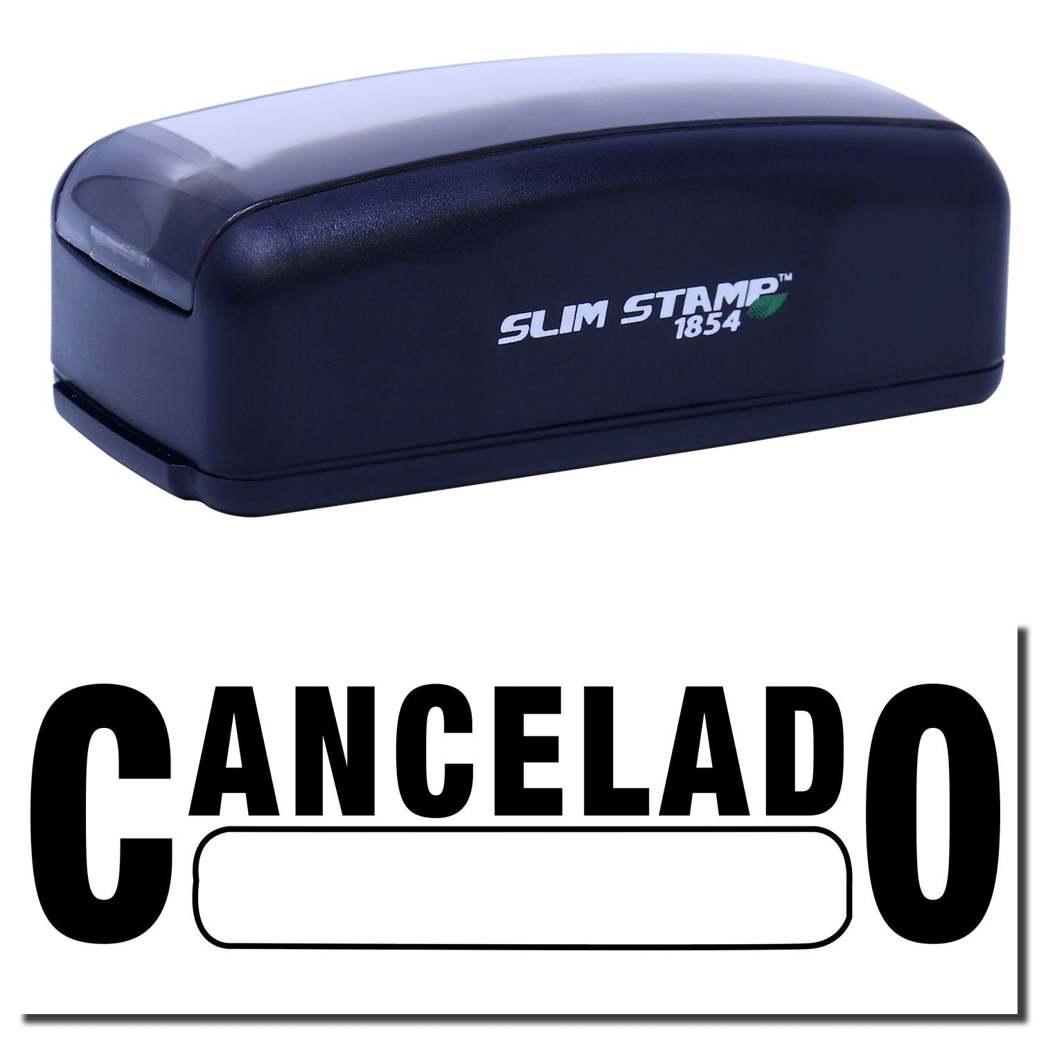 Slim Stamp 1854 self-inking stamp showing CANCELADO, used to mark documents as canceled or void.