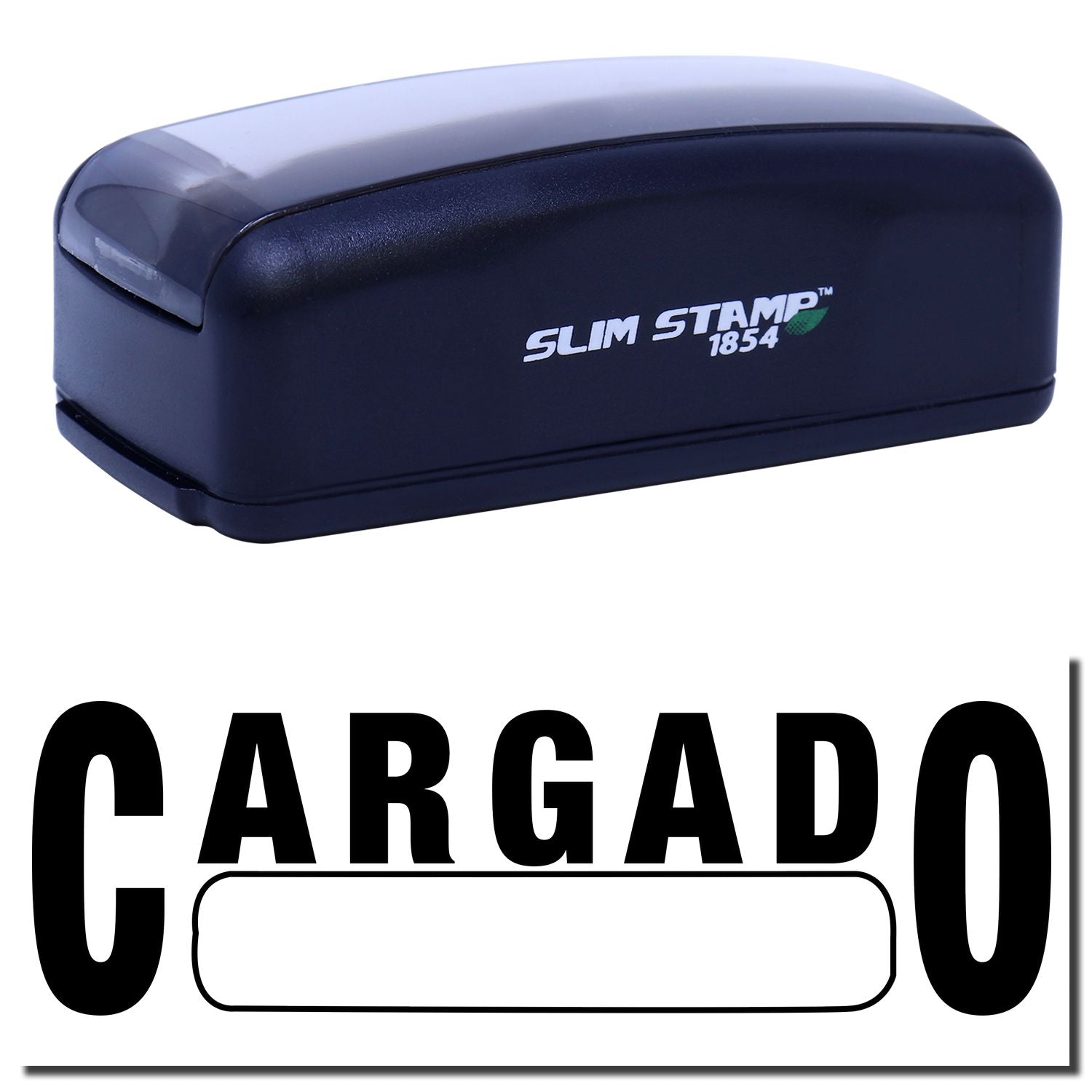 Slim Stamp 1854 self-inking stamp with logo, for quick office document marking, address labeling, and shipping paperwork daily.