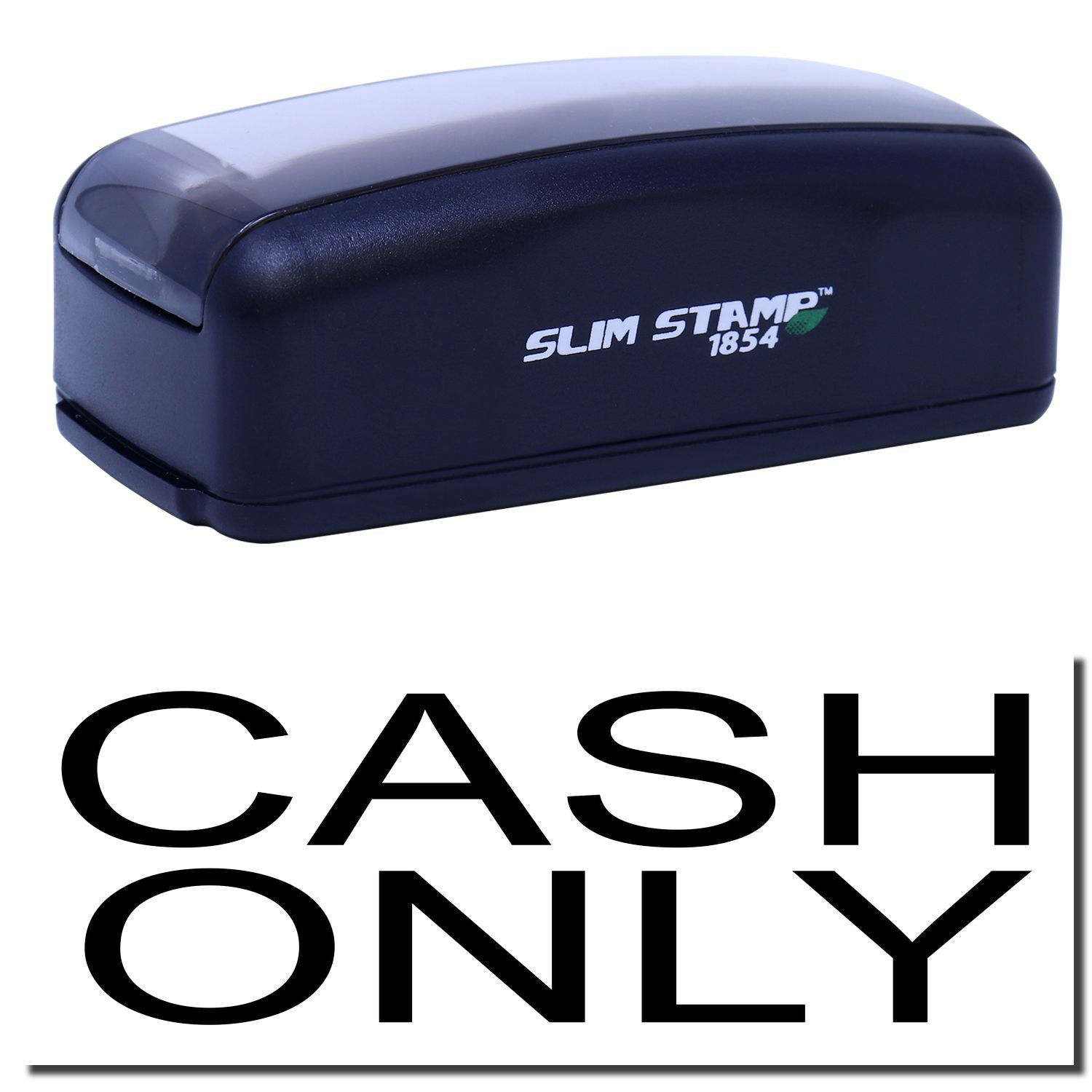 Slim Stamp 1854 Cash Only ink stamp for retail counters and receipts, showing brand logo for quick payment marking on business documents