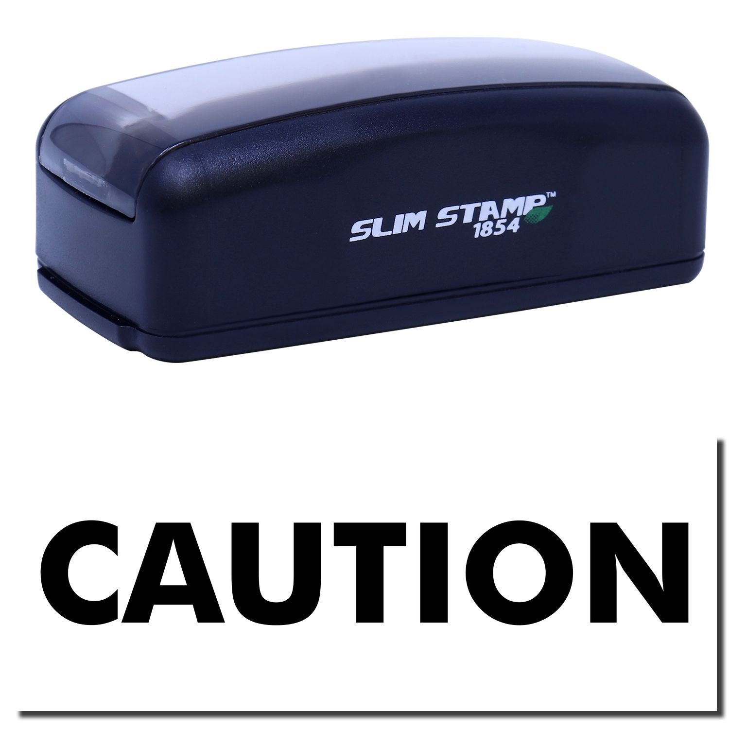 Slim Stamp 1854 stamp tool with Slim Stamp logo for labeling and printing, shown as product image on white background with CAUTION label.