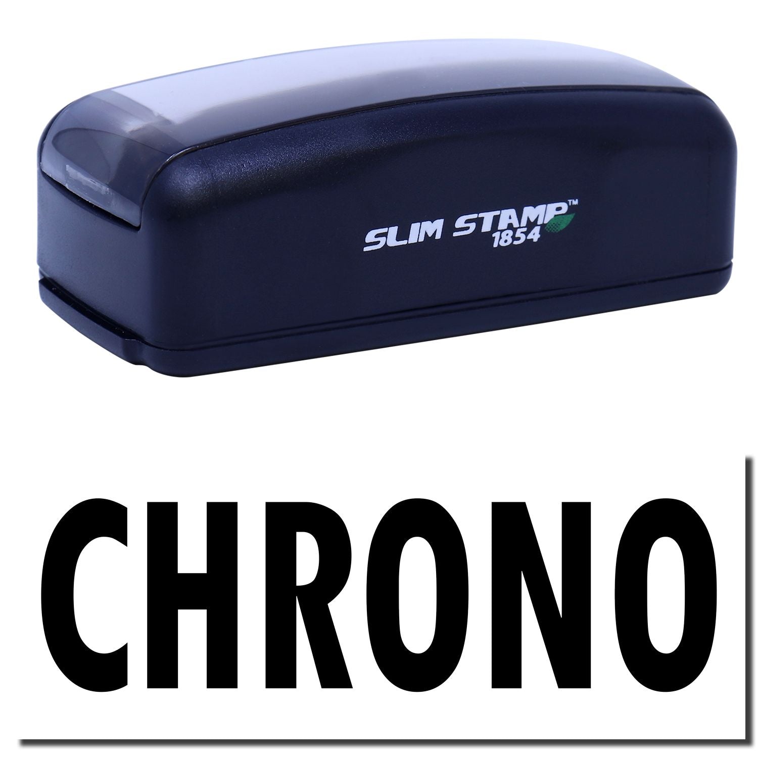 Slim STAMP 1854 ink stamp device with CHRONO branding, used for fast date and text stamping for business office document marking and labeling.