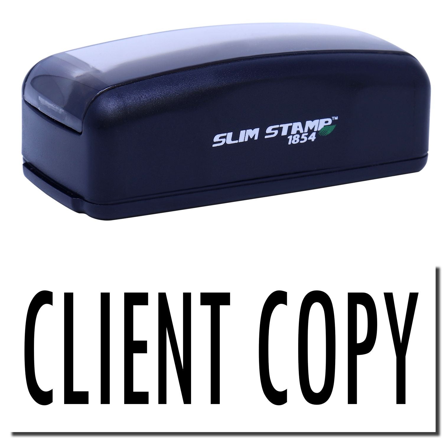 Slim Stamp 1854 compact ink stamp for business client copy marking, showing brand logo on navy stamp body.