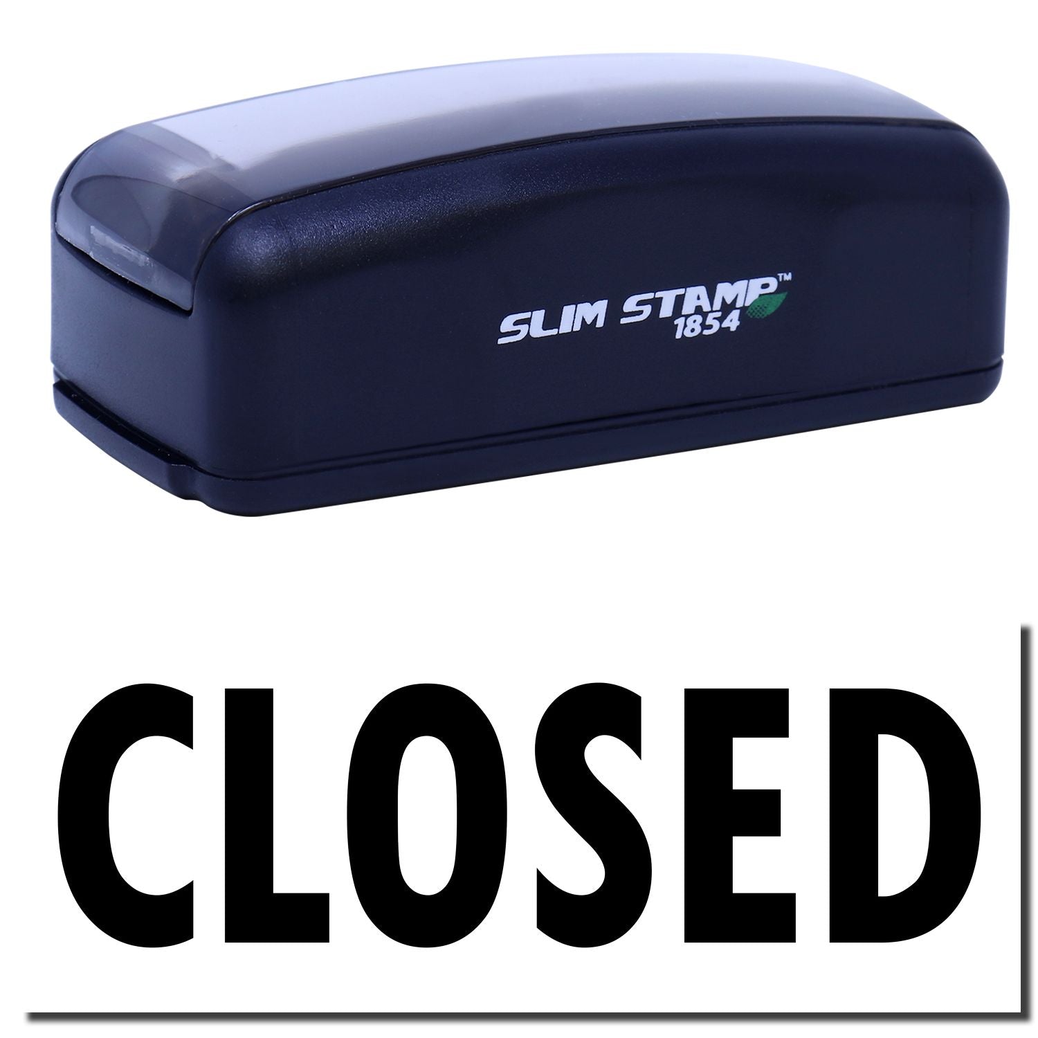 Slim Stamp 1854 self-inking stamp tool close-up with SLIM STAMP 1854 branding for labeling, shipping, and quick document marking.