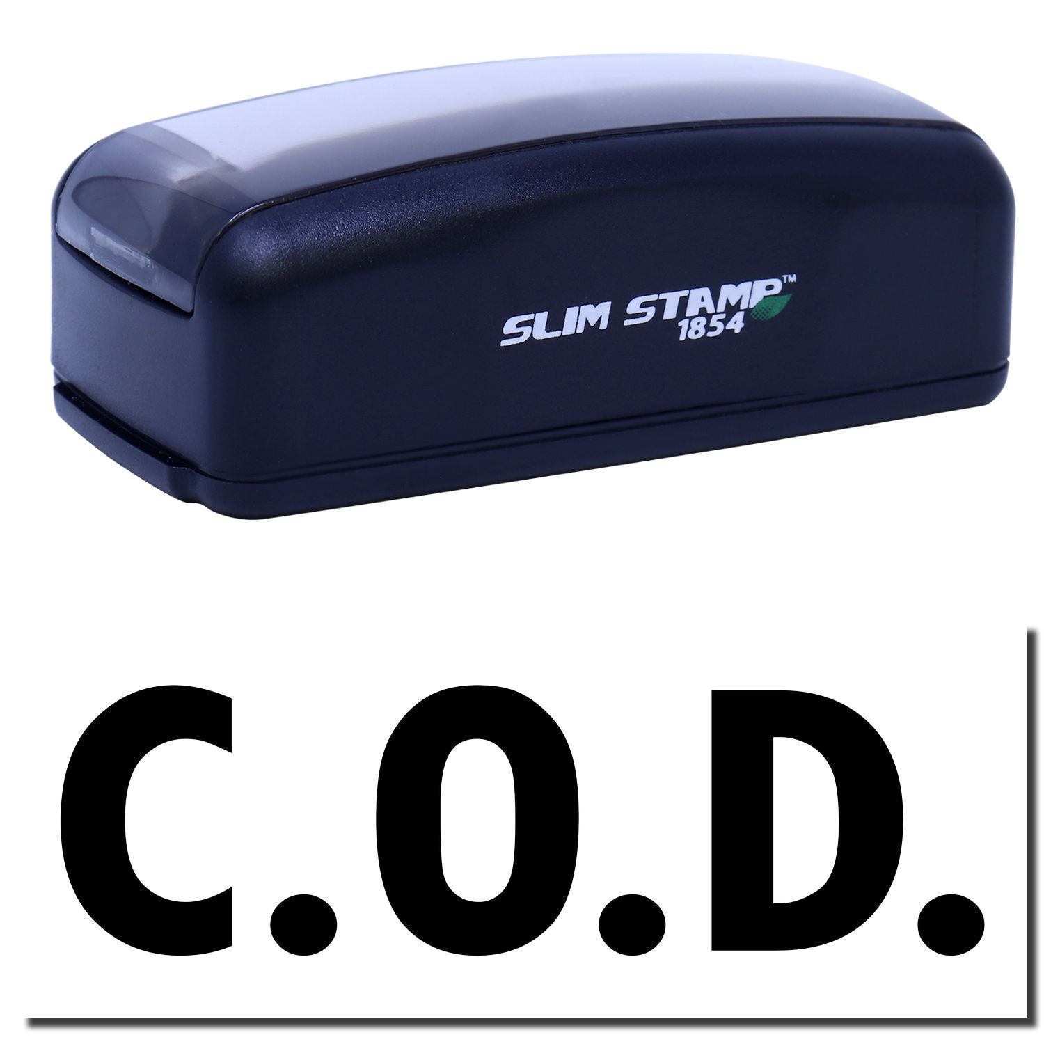 Slim Stamp 1854 self-inking stamp showing C.O.D. marking for shipping invoices, business mail, and return labeling on documents.