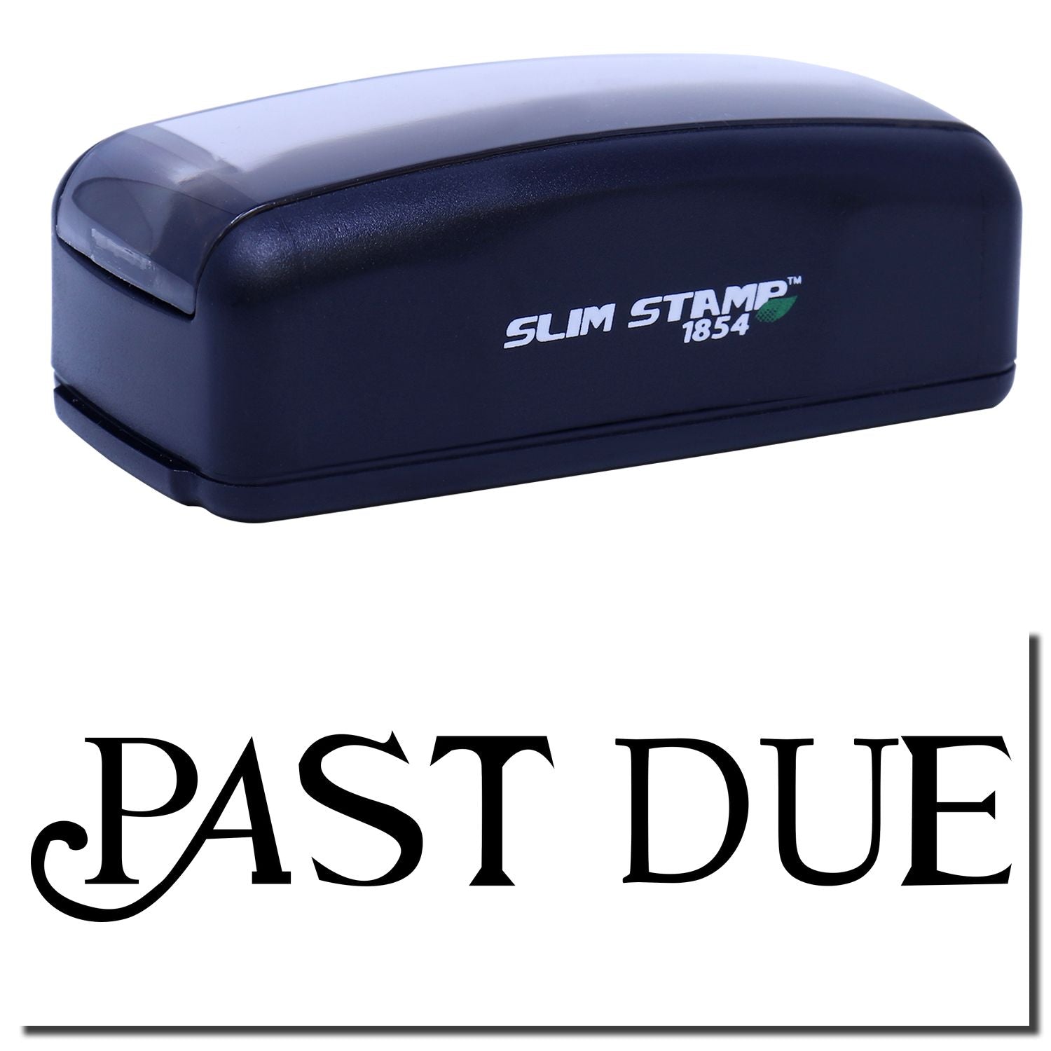 Slim Stamp 1854 ink stamp for customizing documentsproduct branding close-up on navy stamp housing.