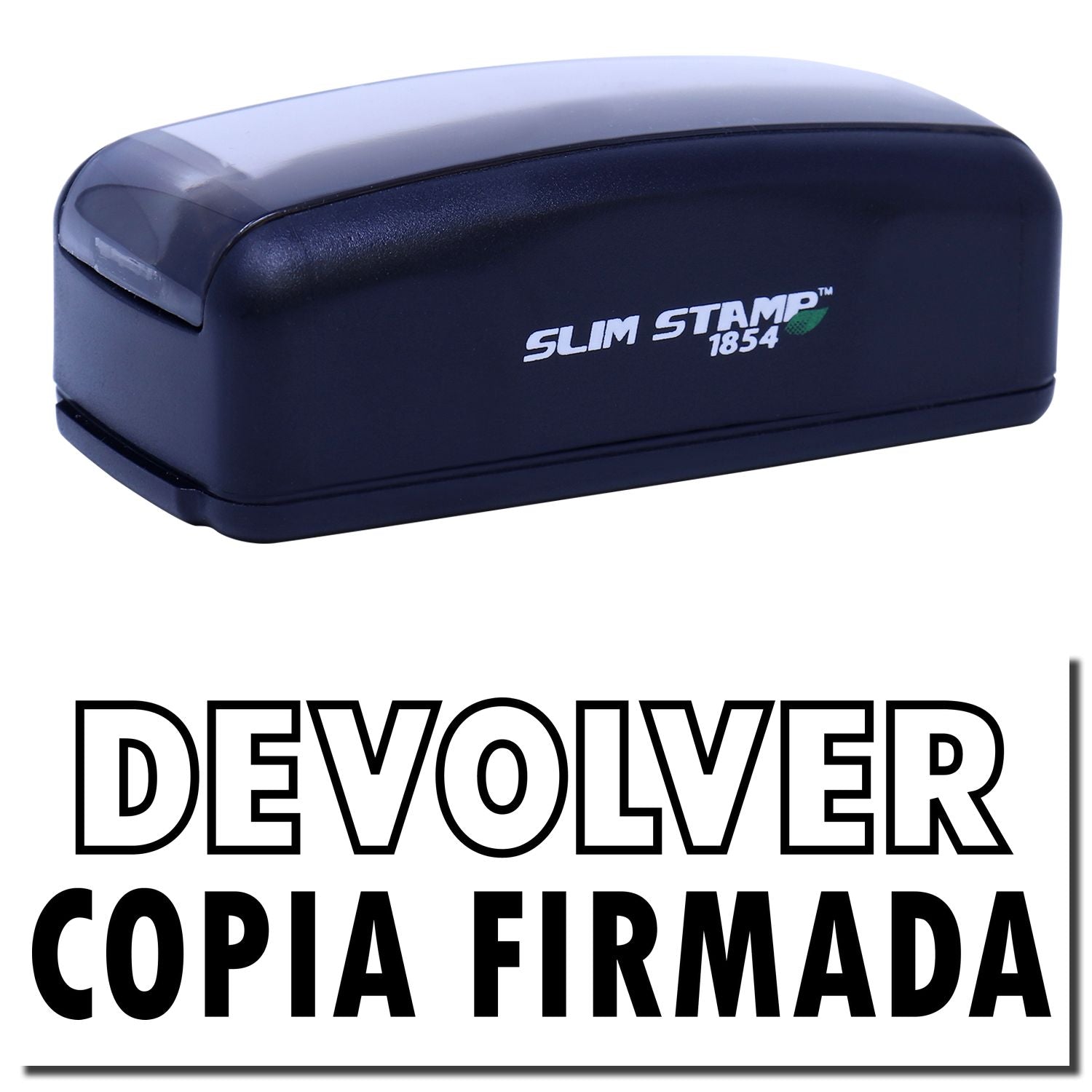 Slim Stamp 1854 stamp case with logo for signed copy returnDevolver copia firmada label.