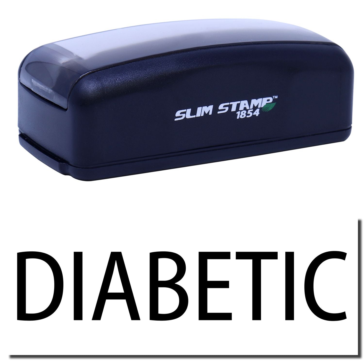 Slim Stamp 1854 diabetic medical alert stamp for applying 'DIABETIC' labels on documents, packaging, or healthcare paperwork.