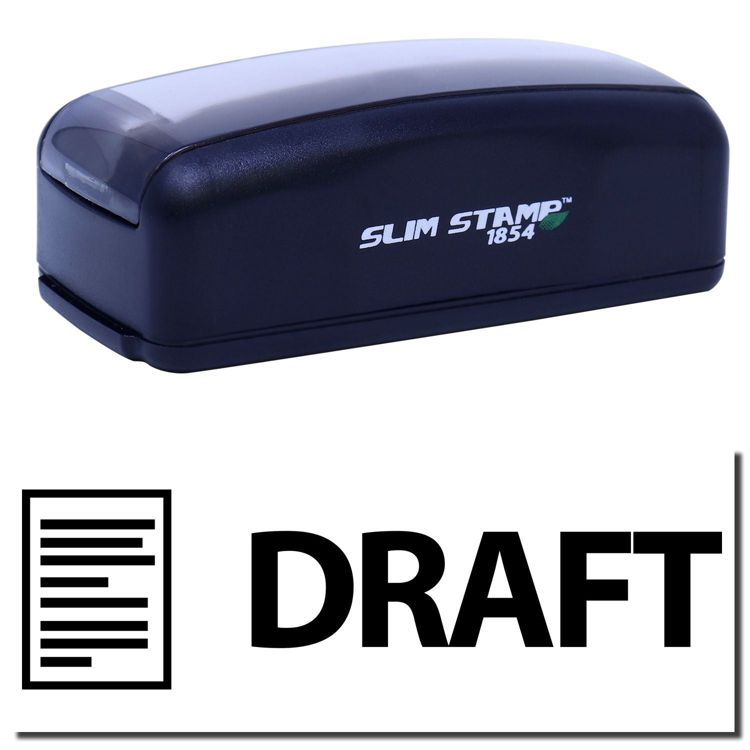 Slim Stamp 1854 self-inking draft stamp for documents, showing the DRAFT imprint text.