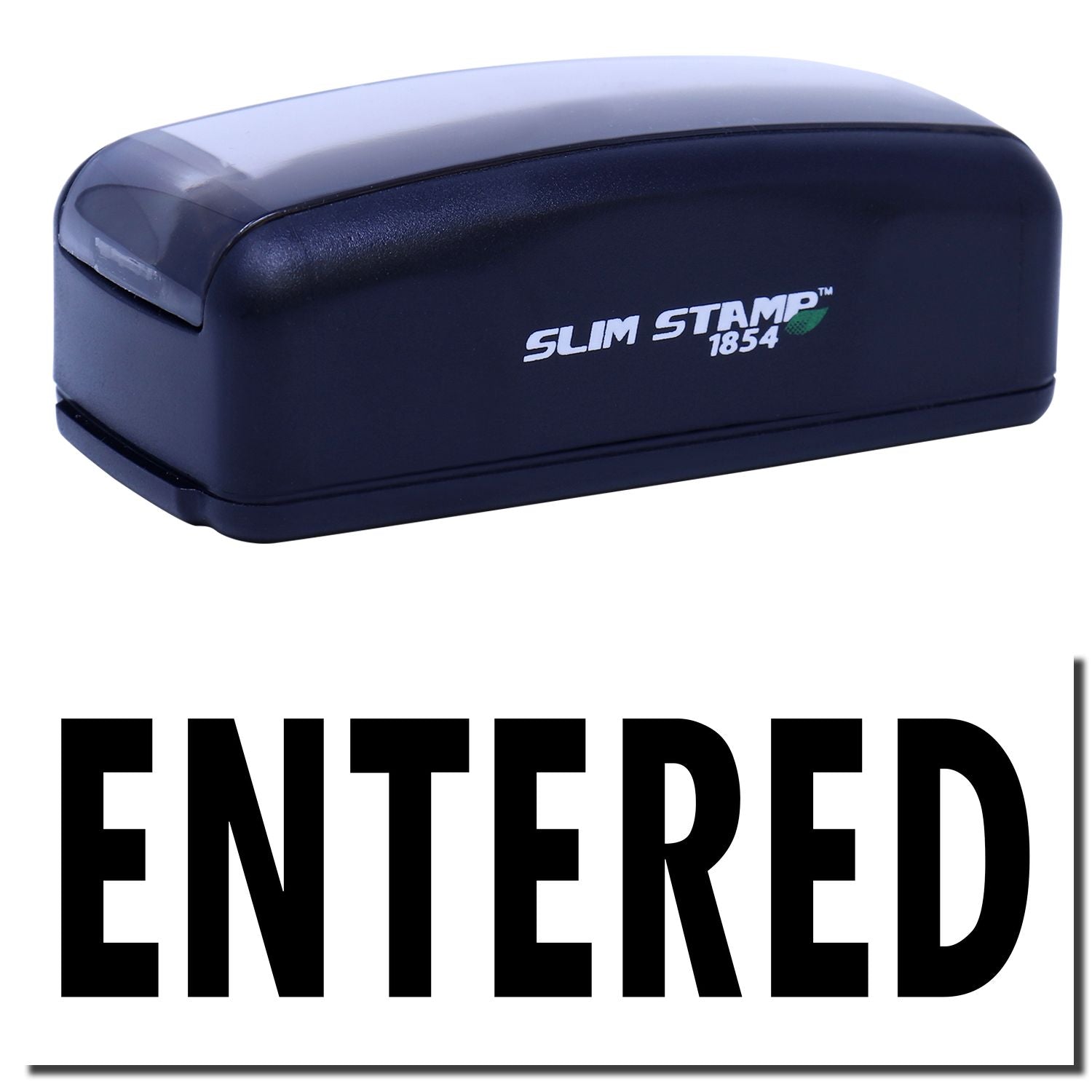 Slim STAMP 1854 compact desktop stamp with product logo, showing a branding stamp for office labeling and marking mailing envelopes.