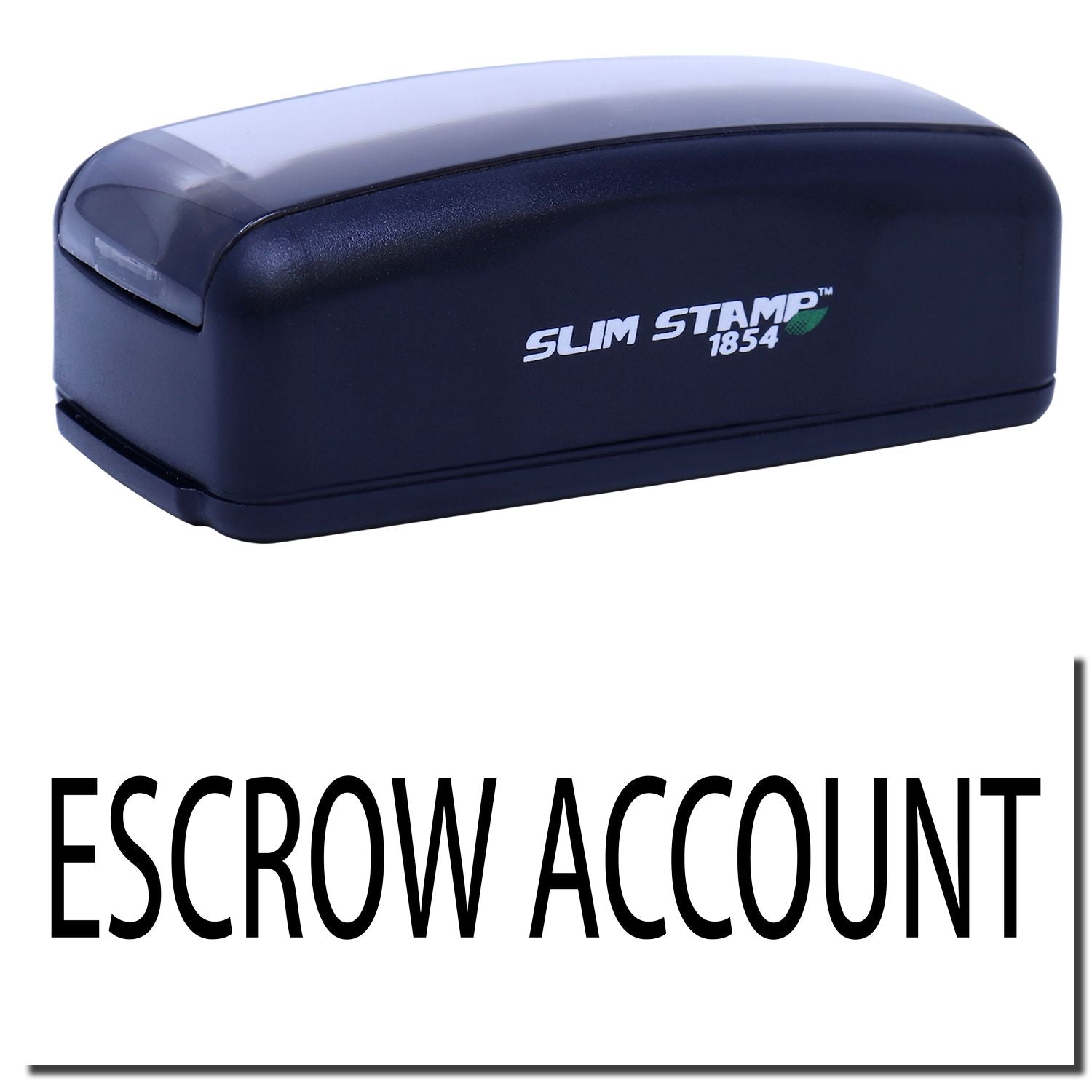 Slim Stamp 1854 escrow account stamp with logo, for quick imprinting on title, closing, and banking paperwork.