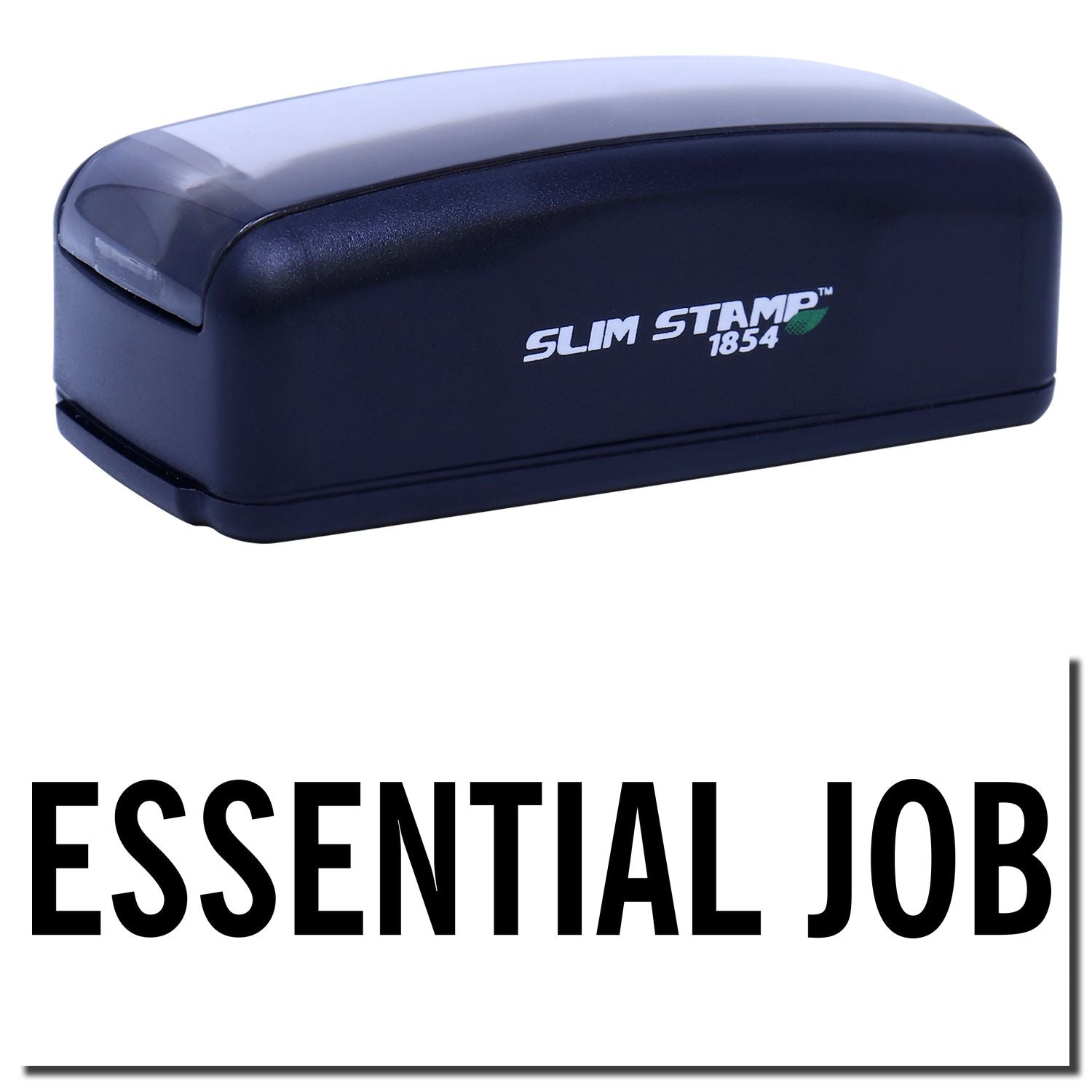 Slim Stamp 1854 navy ink stamp for essential jobs, showing product branding for quick identification in labeling and inventory systems.