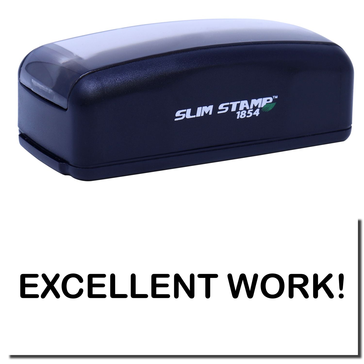 Close-up of Slim Stamp 1854 ink stamp for clear markingExcellent Work! promo for shipping and labeling.