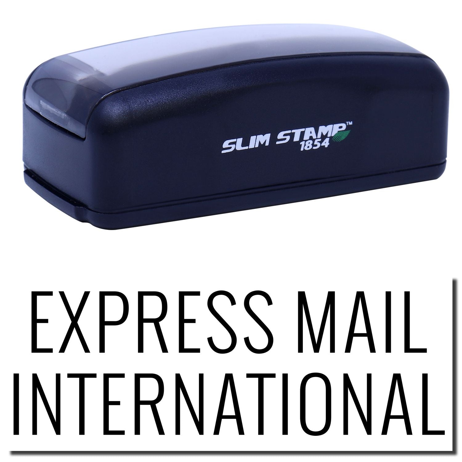 Slim STAMP 1854 blue stamp tool with Express Mail International branding for fast international postage delivery service label.
