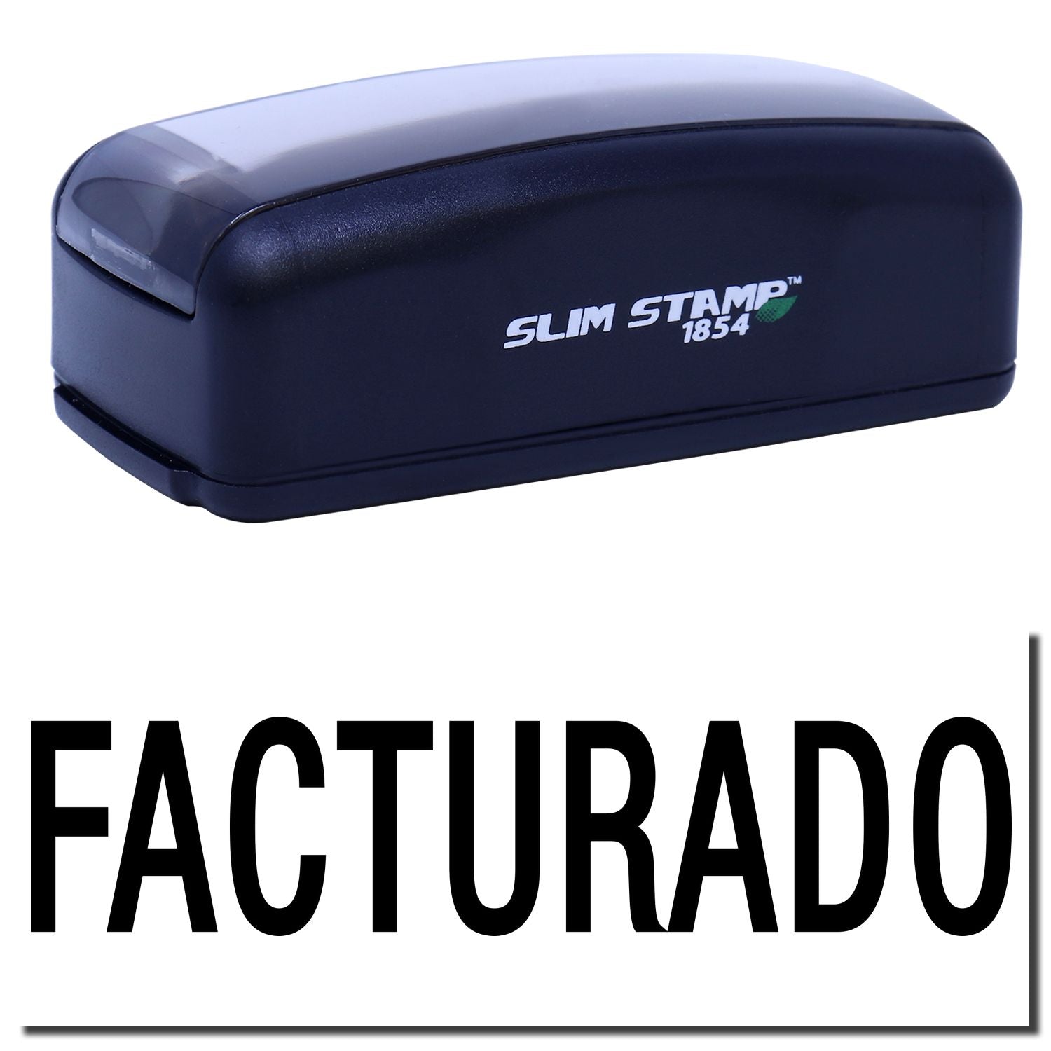 Slim STAMP 1854 self-inking stamp case with FACTURADO marking for invoices and document processing.