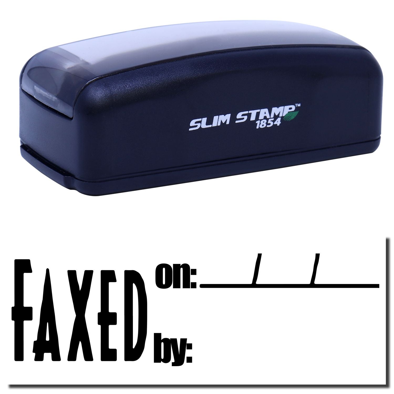 Slim Stamp 1854 compact ink stamp for accurate document markingblue stamp device shown on white background.