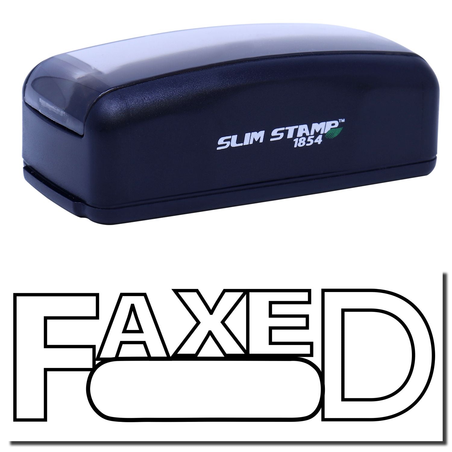 Slim Stamp 1854 compact ink stamp for custom text and logos, shown in navy with FX branding.