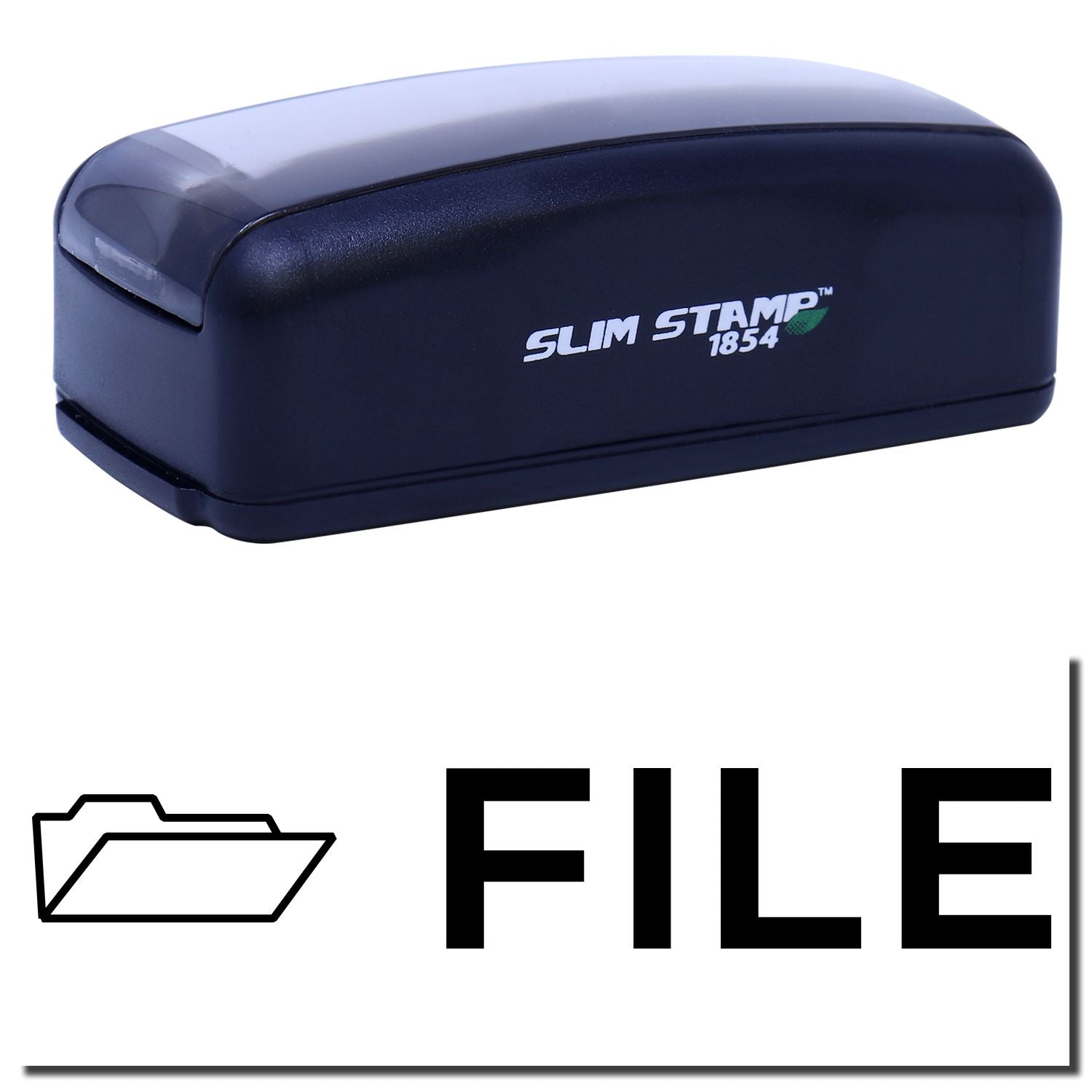 Slim Stamp 1854 compact stamp tool with logo, designed for quick, clean message stamping on documents, forms, and packaging.