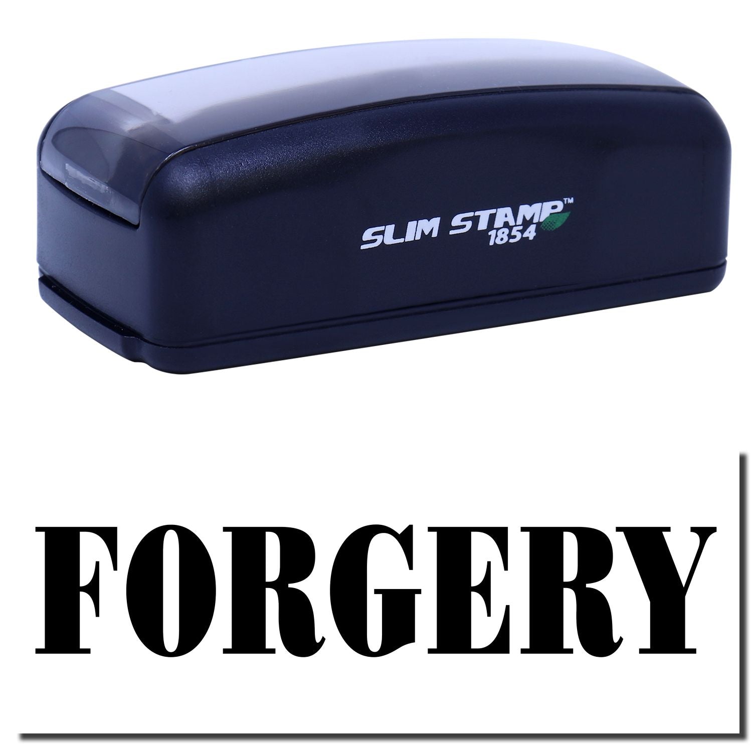 Slim STAMP 1854 portable ink stamp for FORGERY marking, branded stamp device shown on white background.