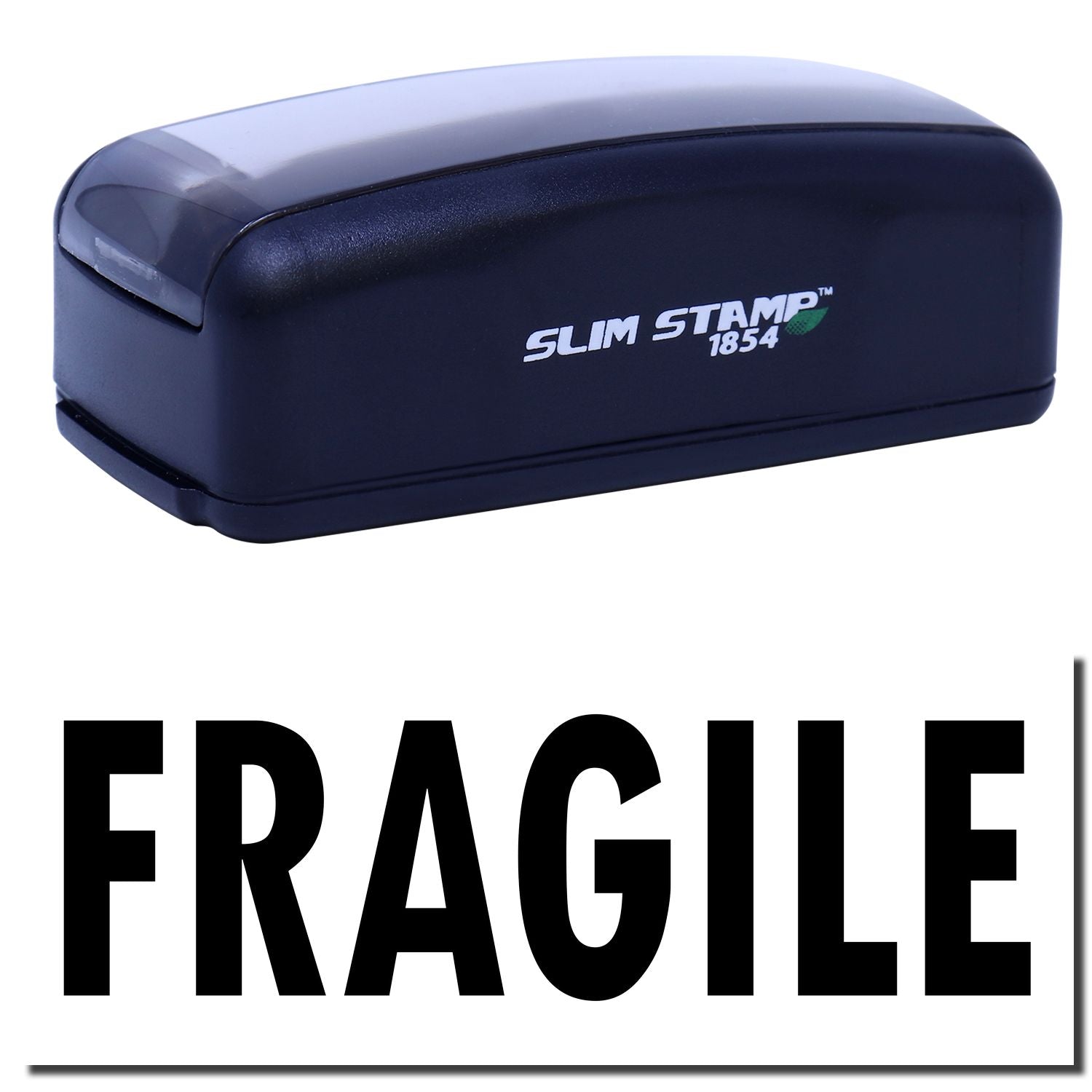 Slim STAMP 1854 product imagecompact self-inking stamp for business labeling, with FRAGILE packaging warning.