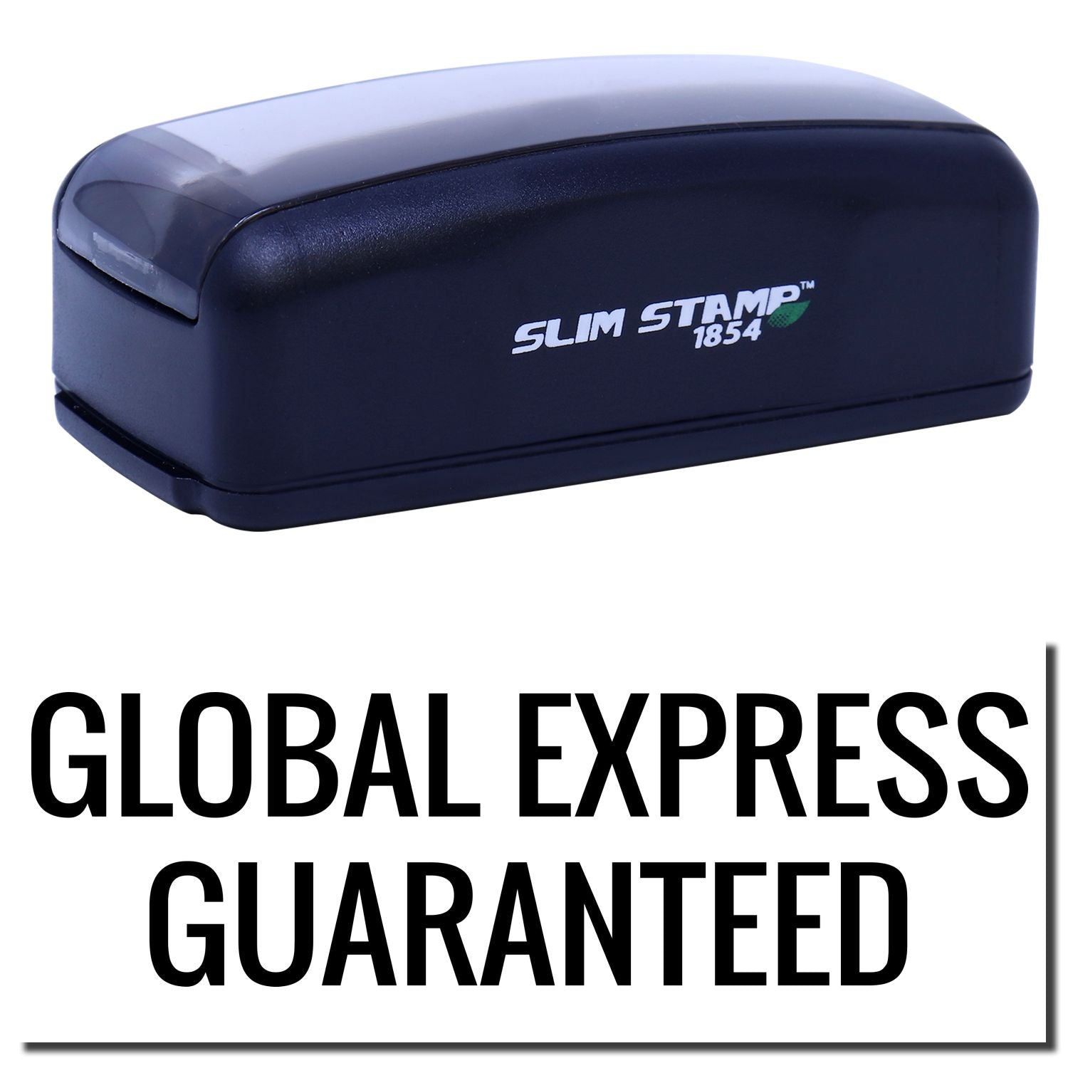 Slim Stamp 1854 ink stamp for customizing documents, with Global Express guaranteed shipping offer.