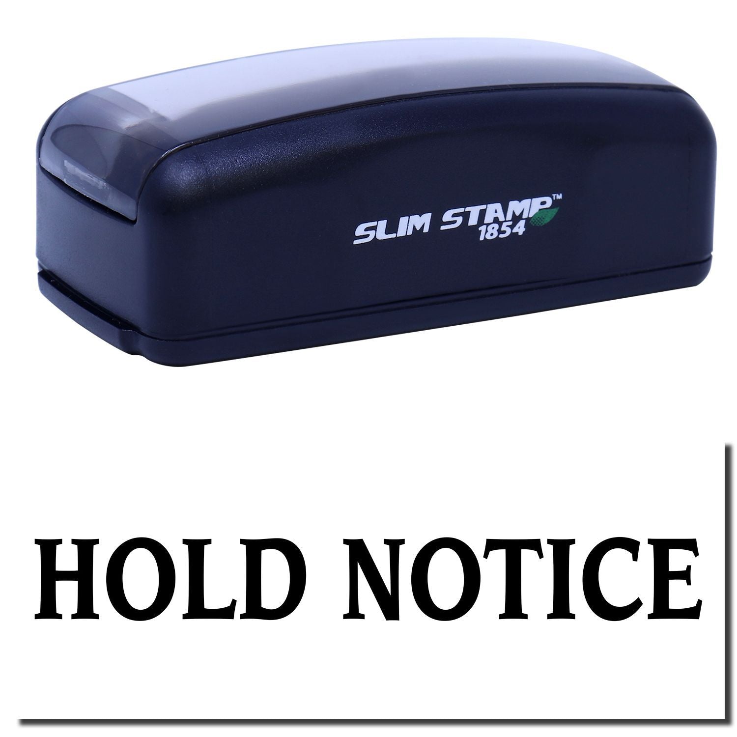 Slim Stamp 1854 handheld ink stamp with Hold Notice label for shipping and office document marking.