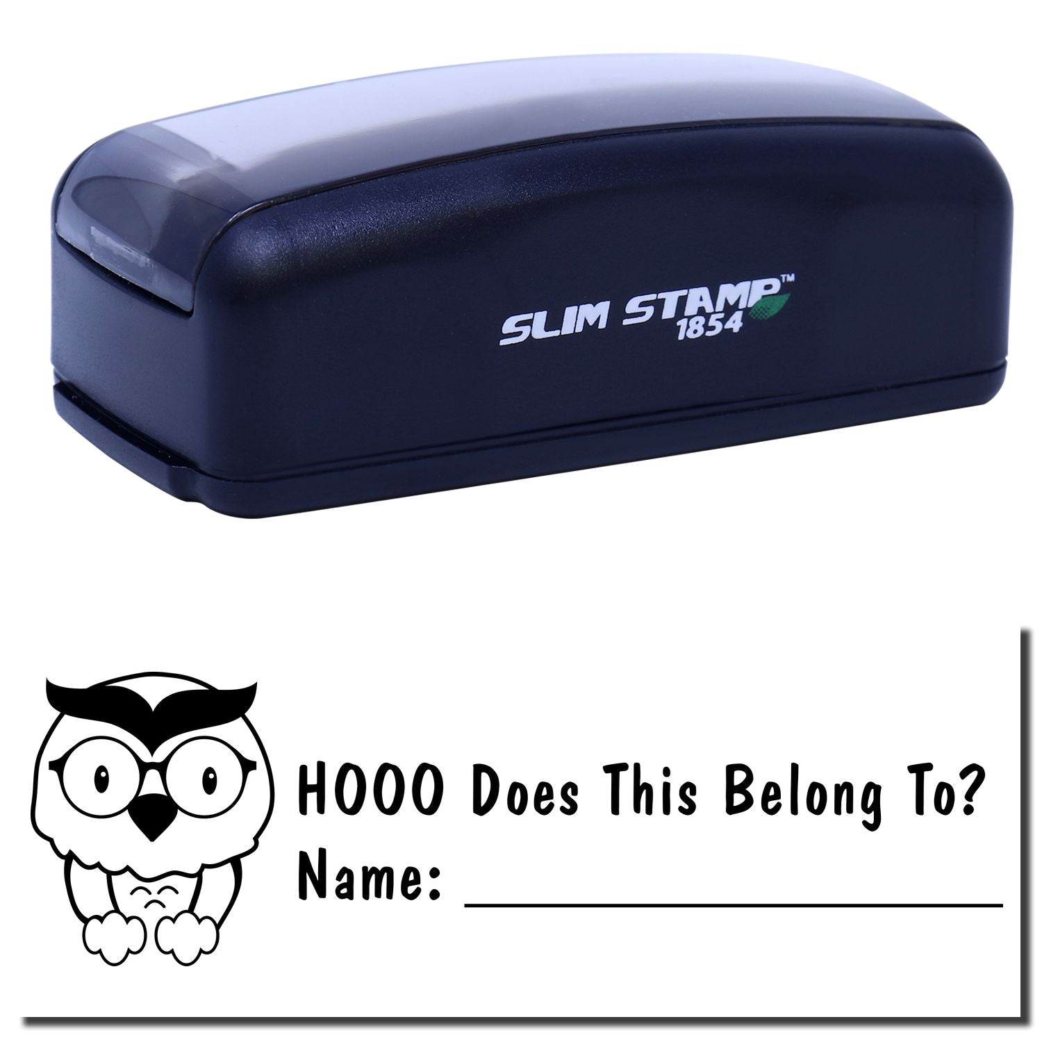 Slim Stamp 1854 ink stamp on school worksheet reading HOOO Does This Belong To? Name: for classroom labeling activity.