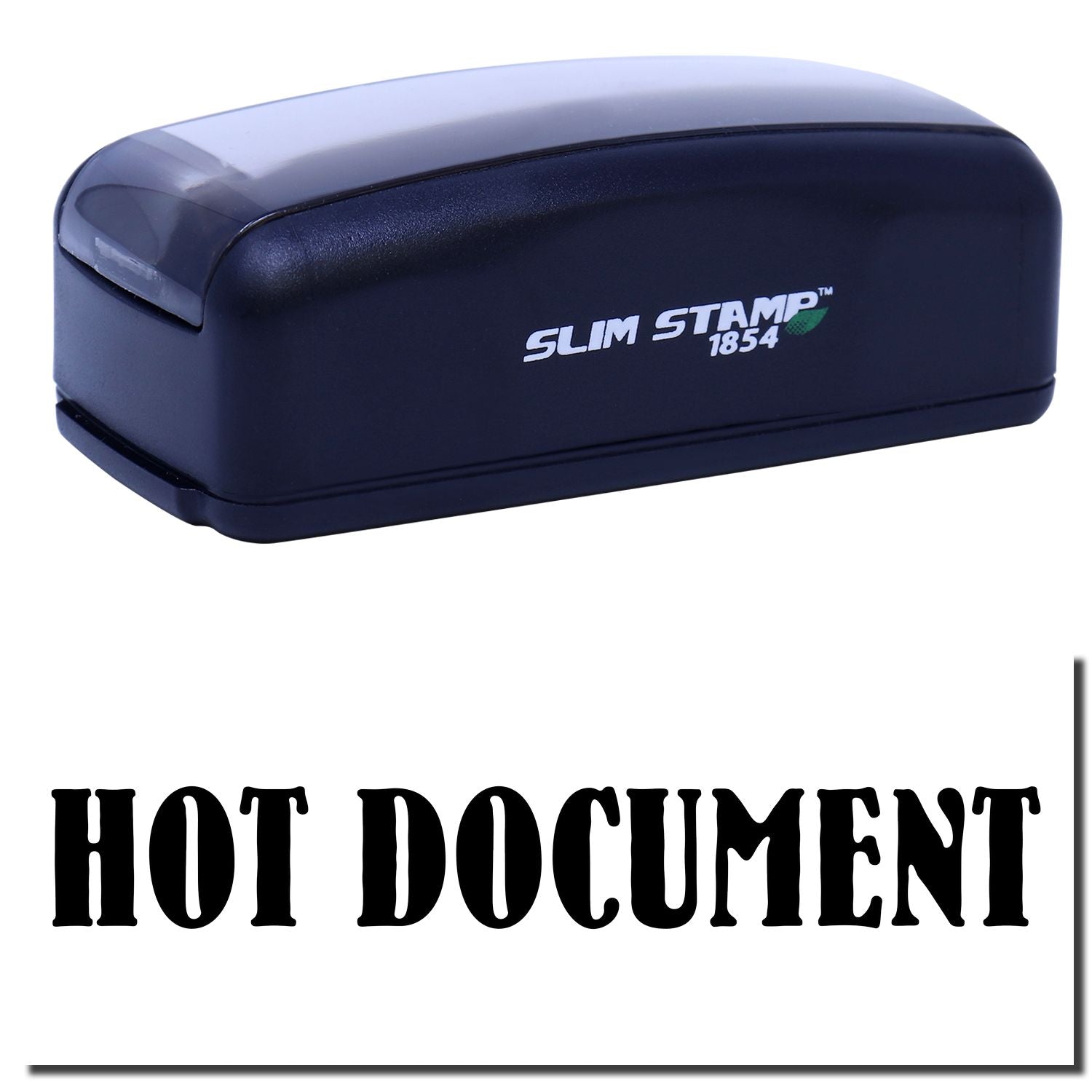 Slim Stamp 1854 hot document stamp tool with logo, showing heat-activated stamping for marking paperwork