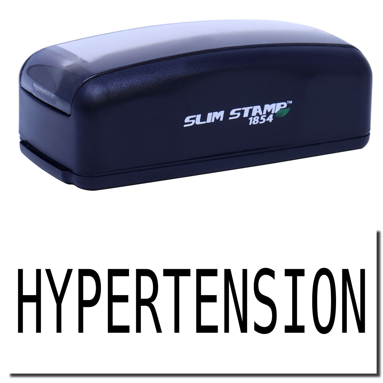 Slim Stamp 1854 hypertension stamp labeled HYPERTENSION for tagging patient medical files and prescriptions in clinics and pharmacies.