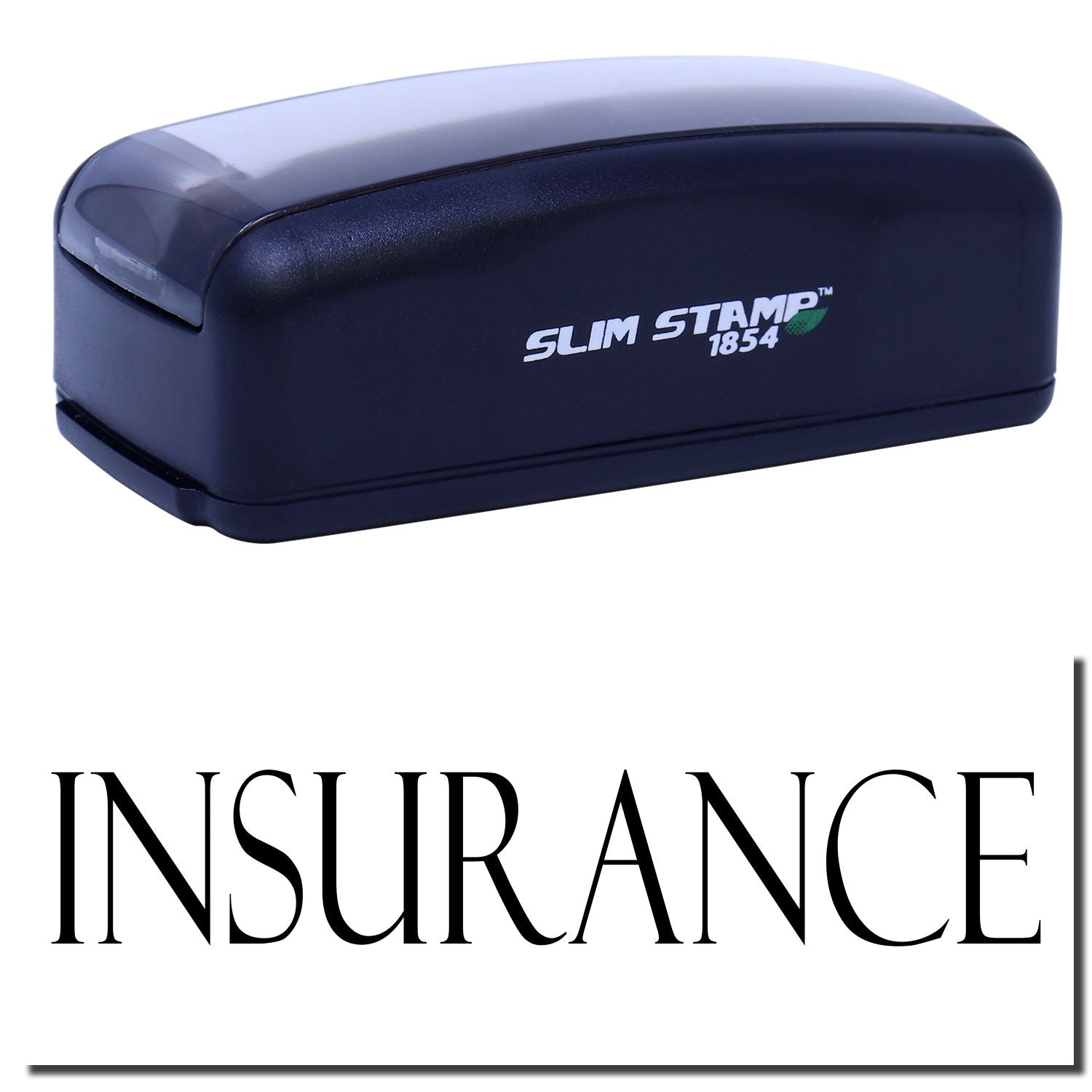 Slim Stamp 1854 inkless self-inking stamp product for insurance documents, close-up of navy stamp showing Slim Stamp 1854 logo branding.