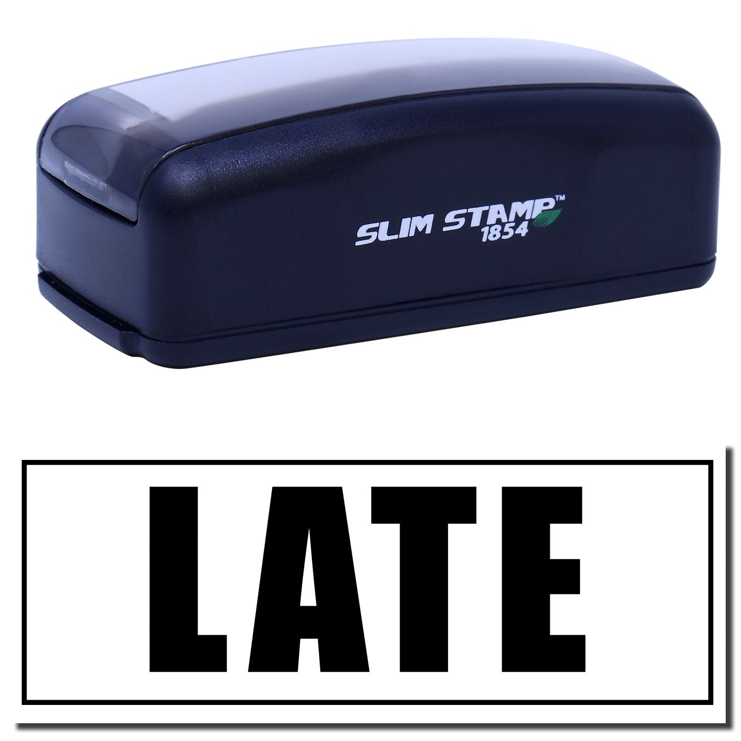 Slim Stamp 1854 ink stamp for fast branding, marking office documents and packages; compact date-style stamp with product label.