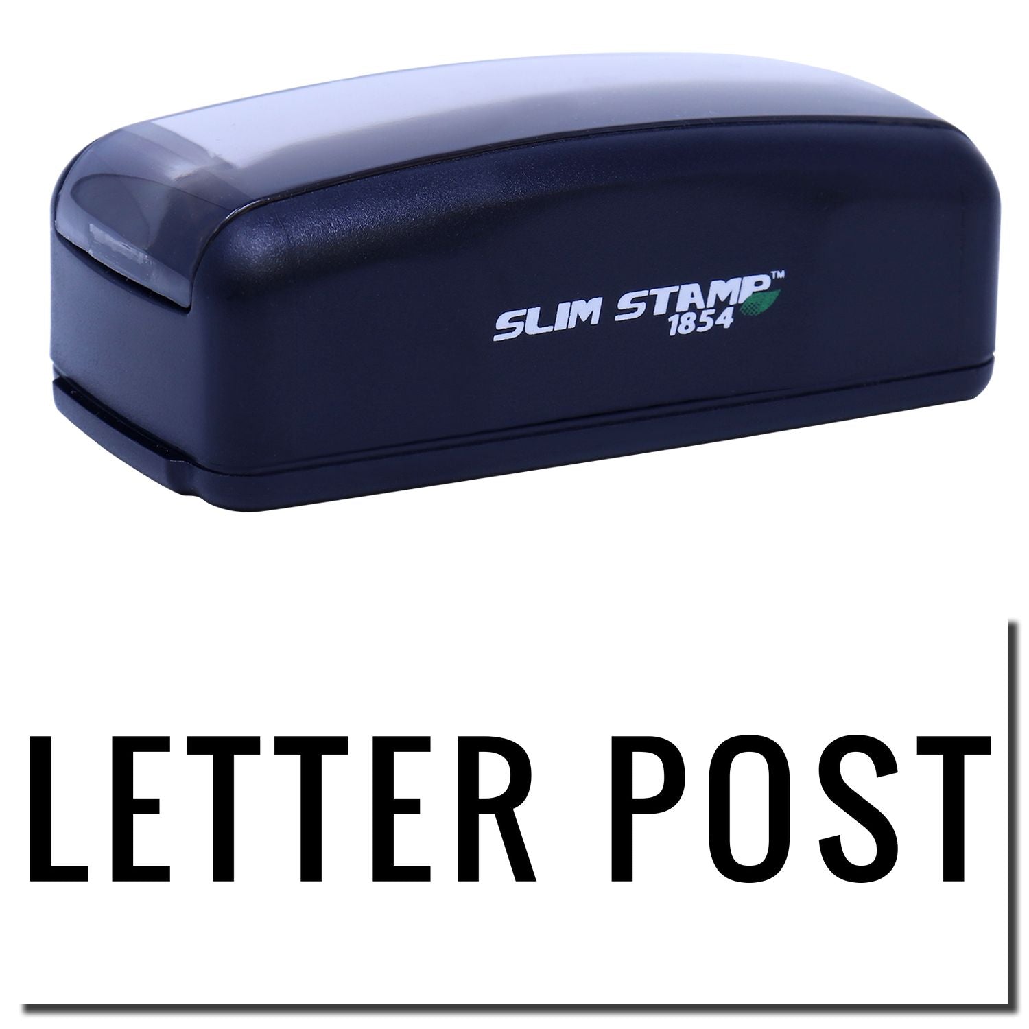 Compact handheld Slim Stamp 1854 branded ink stamp for office and business labeling, creating clear document marking impressions.