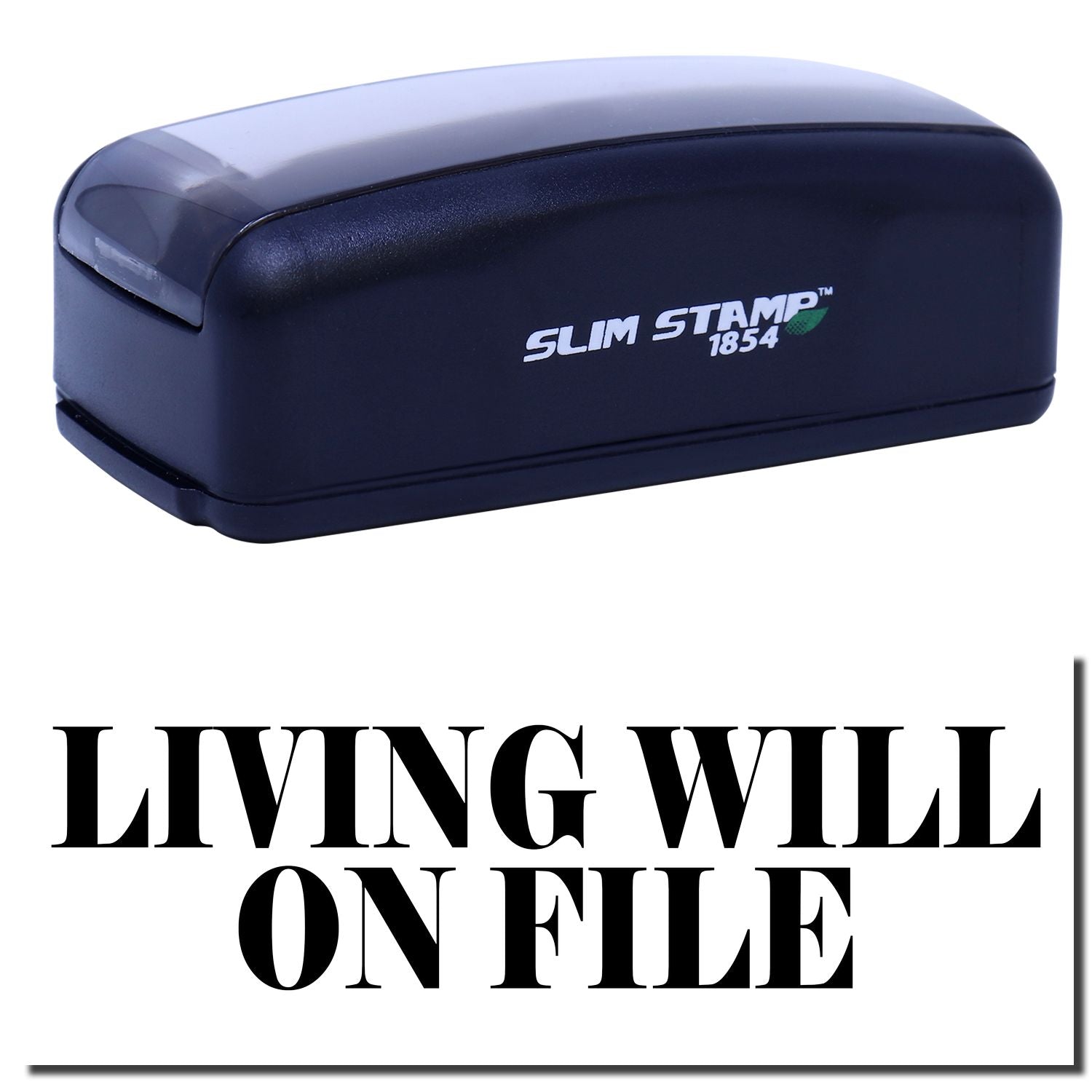 Slim Stamp 1854 self-inking stamp marked Living Will on File, for healthcare directive paperwork and legal records.