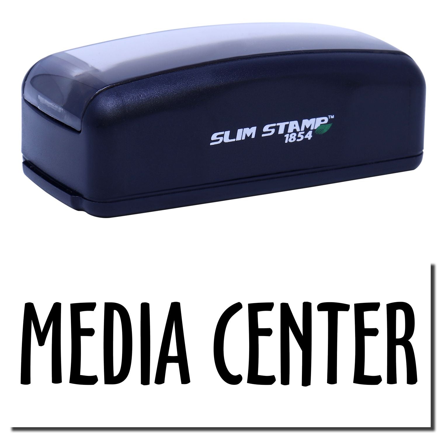 Slim Stamp 1854 ink stamp for Media Center labeling, compact desktop branding and marking tool.