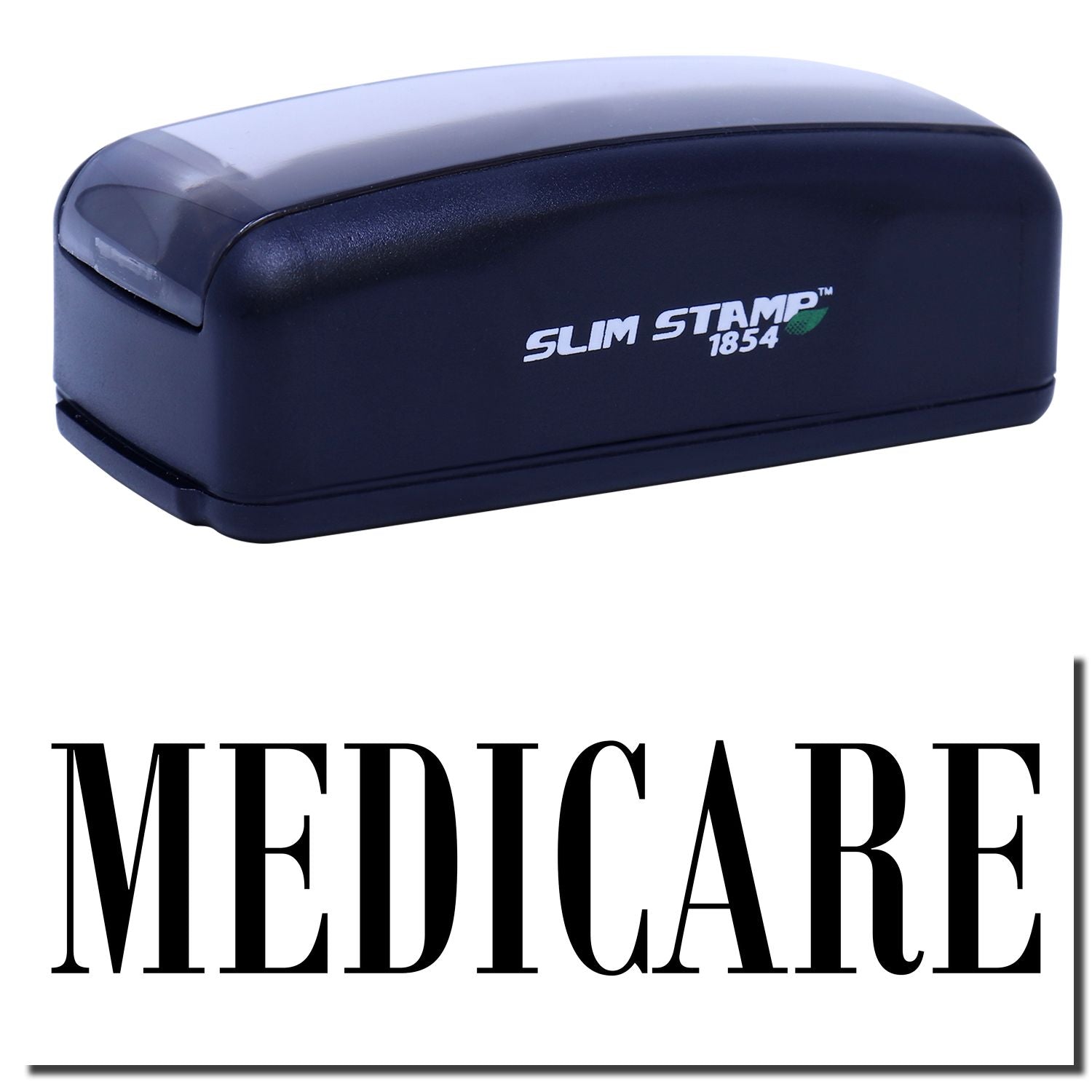 Medicare Slim Stamp 1854 branding on blue self-inking stamp, highlighting Medicare certification marking for office documents quickly.