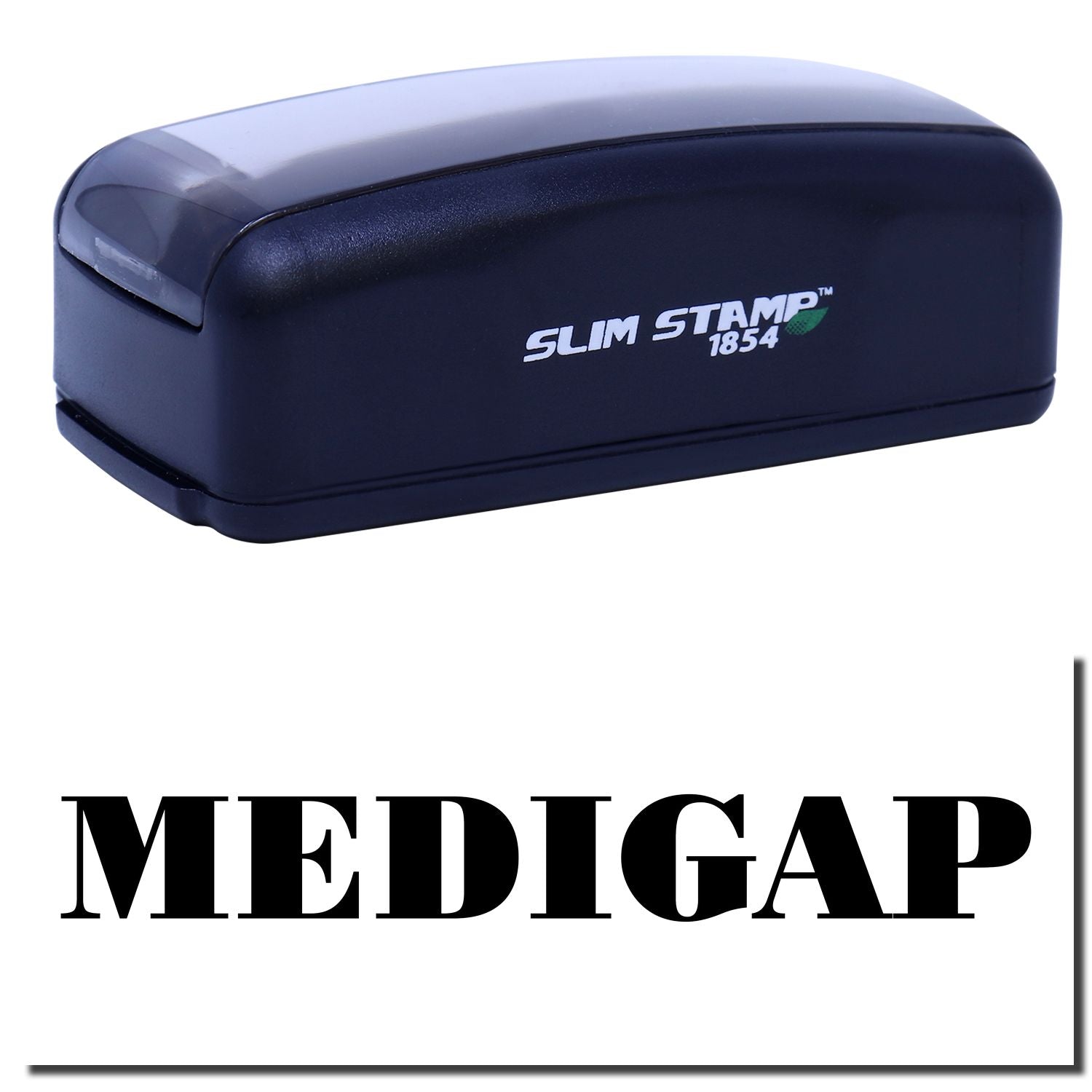 Slim Stamp 1854 handheld stamp with navy case, branding for Medigap on white background