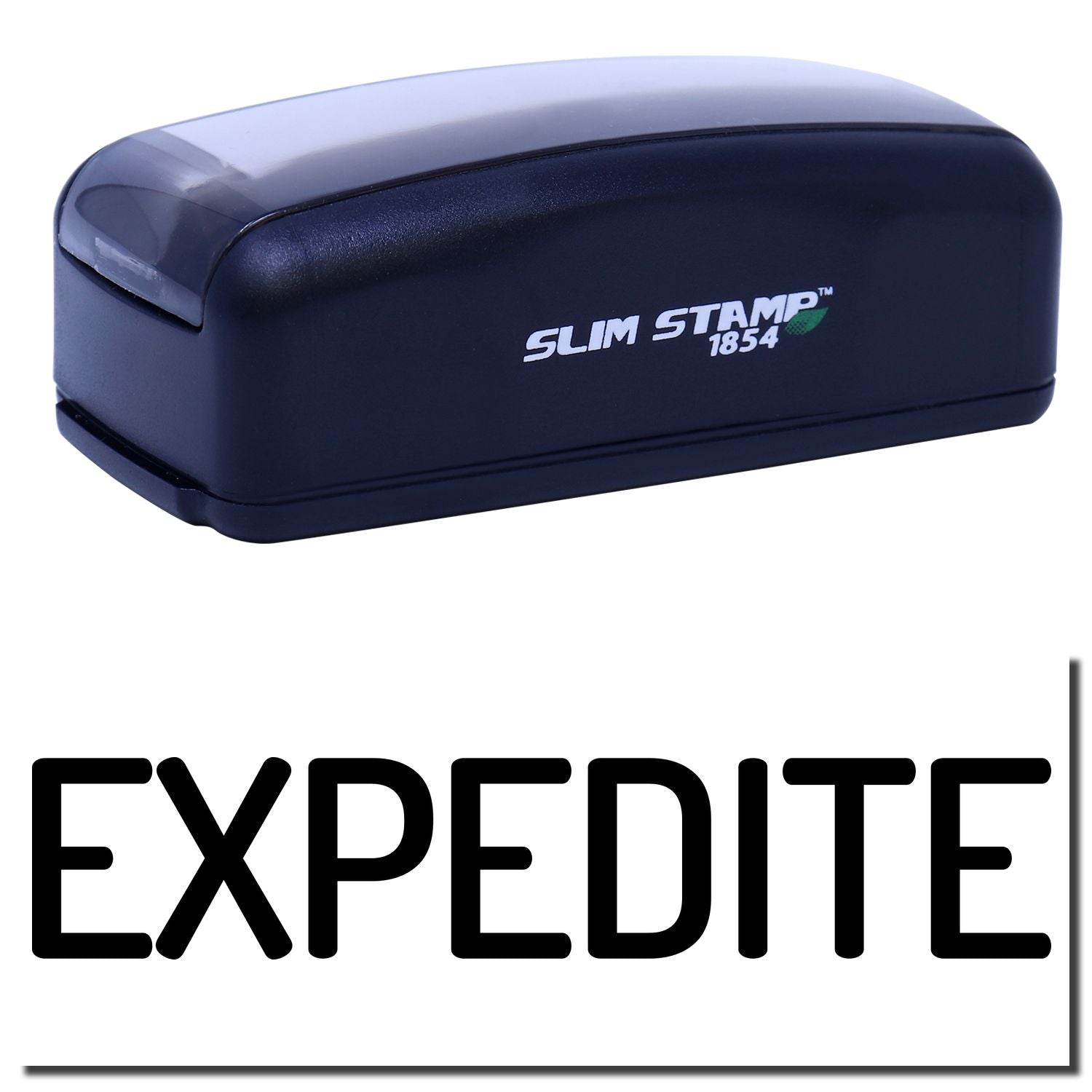 Slim Stamp 1854 Expedite self-inking desk stamp with brand logo, for quick office document stamping and expedited approvals.