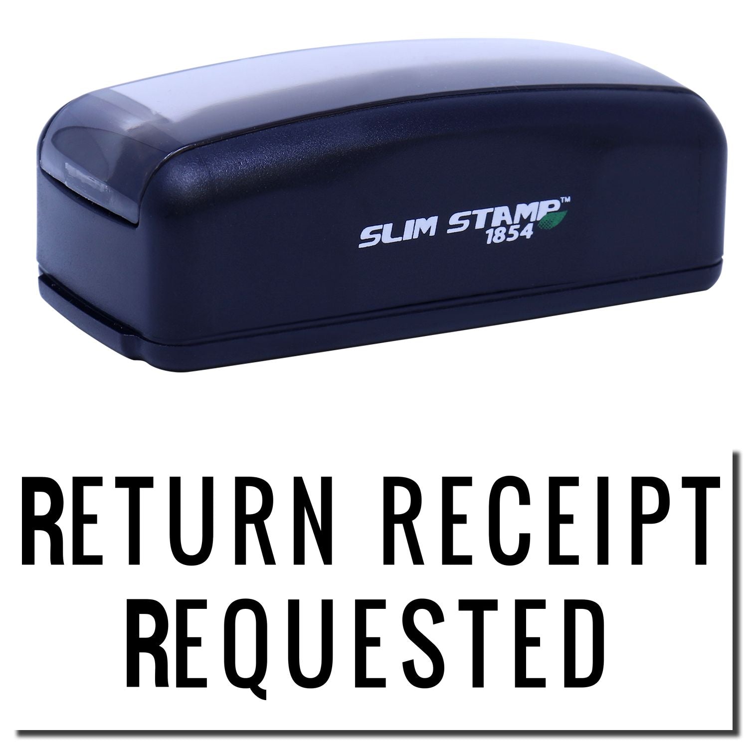 Slim Stamp 1854 postal stamp reading Return Receipt Requested, used to request a signed receipt for certified mail delivery confirmation.