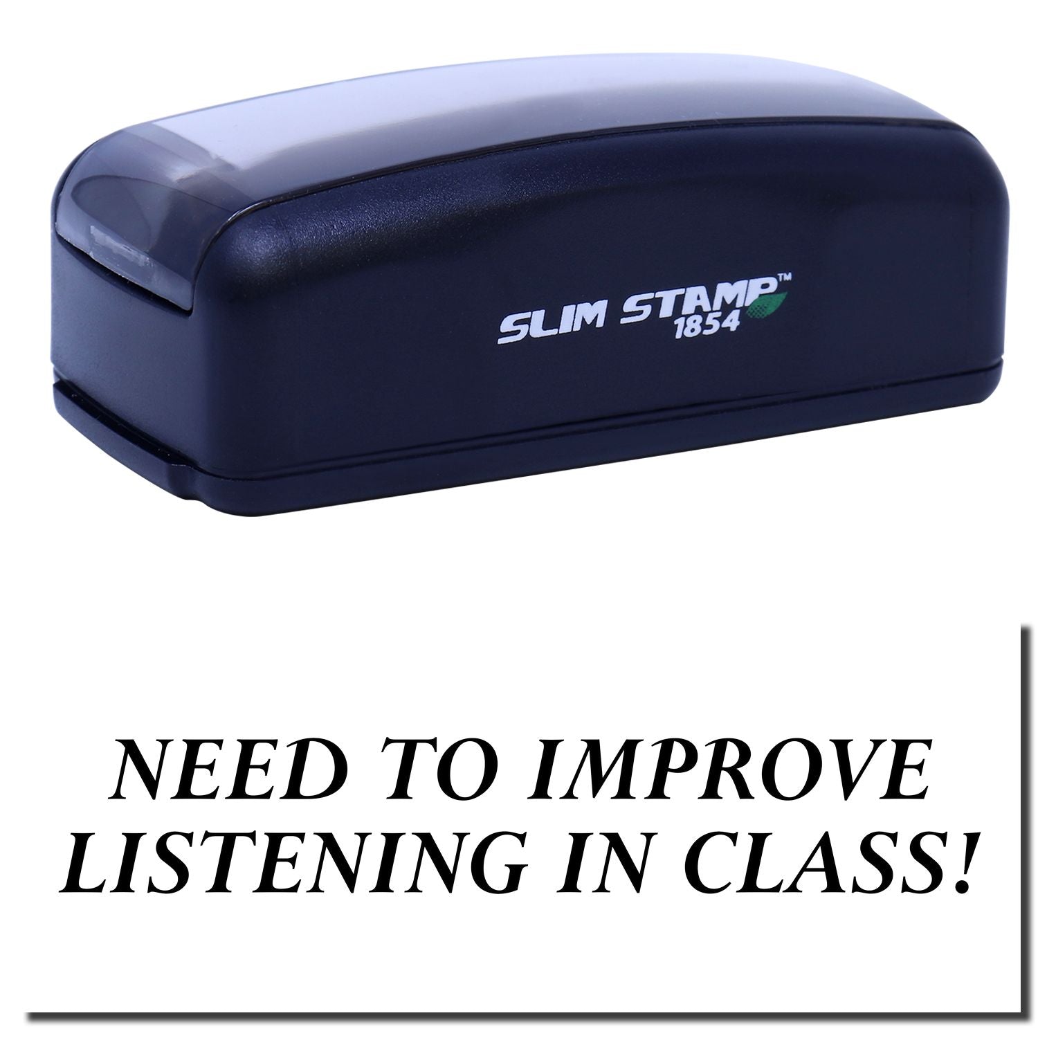 SLIM STAMP 1854 classroom listening aid with message encouraging students to improve hearing and focus during lessons in class
