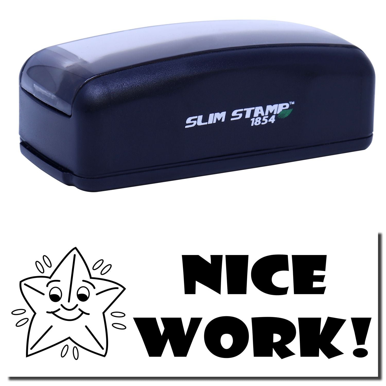Slim Stamp 1854 label maker featuring Nice Work! badge graphic, promotional branding for stamping supplies.