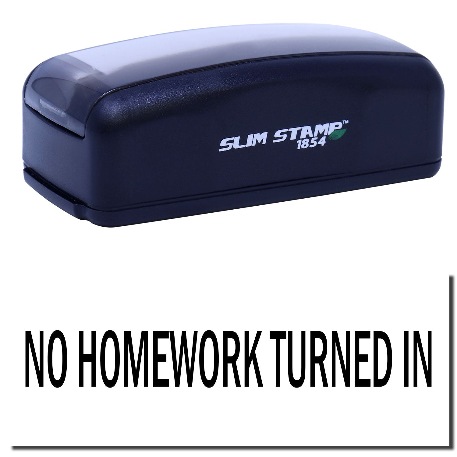 Slim Stamp 1854 teacher rubber stamp reading No Homework Turned In for grading and classroom feedback