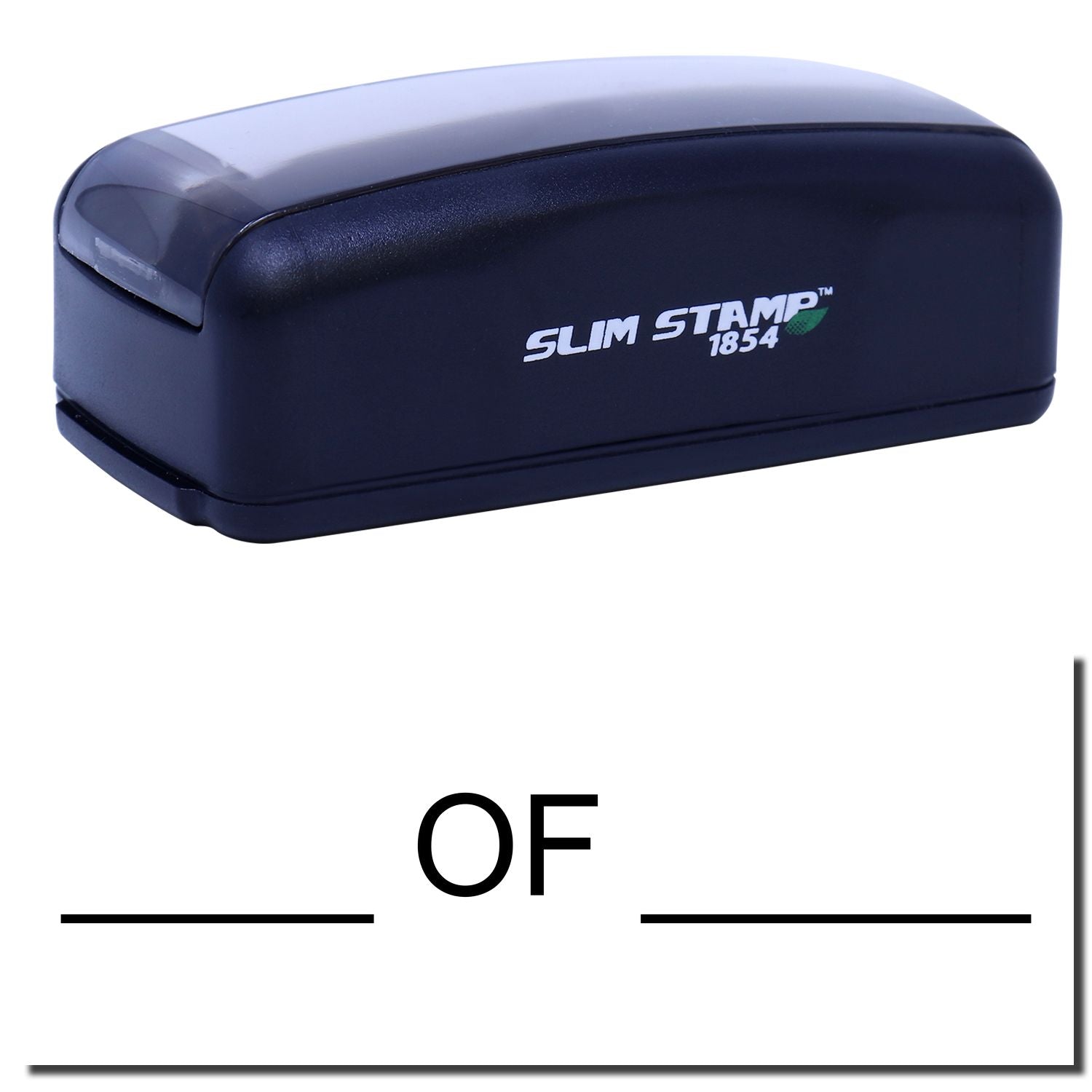 Slim Stamp 1854 ink stamp for office labeling and stamping documents, showing brand name on dark blue device.