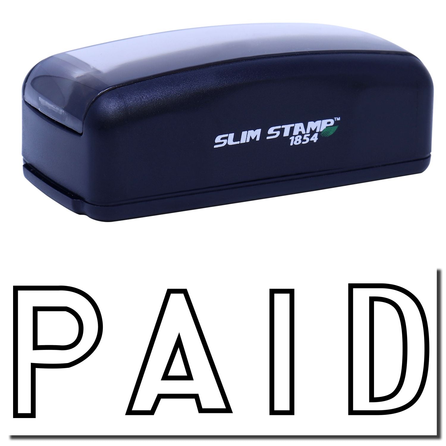 Slim Stamp 1854 self-inking PAID stamp for accurate document payment approval and processing.