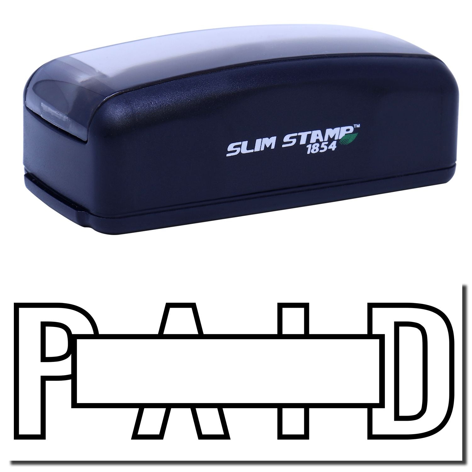 Slim Stamp 1854 self-inking stamp with brand logo, designed for fast, clean text printing on documents