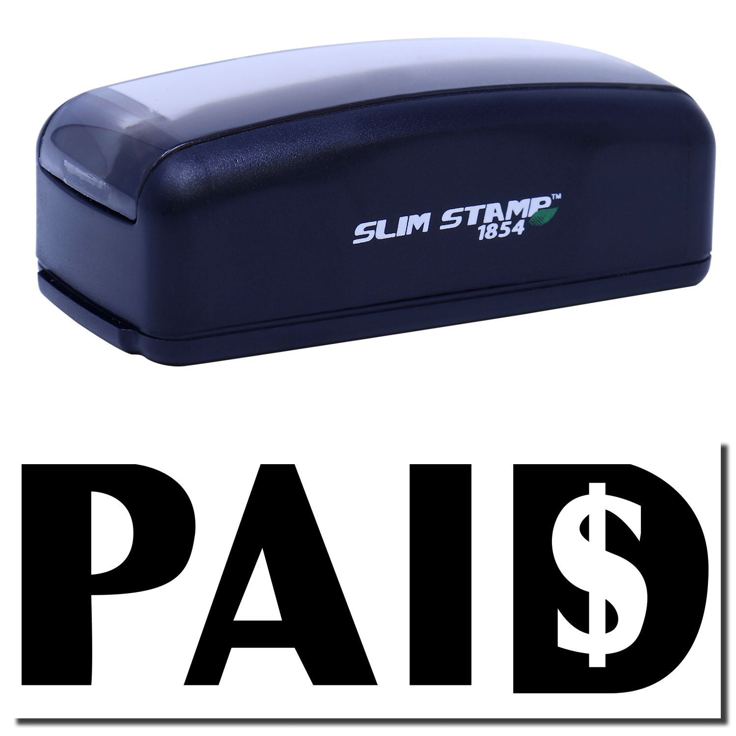 Slim Stamp 1854 self-inking PAID stamp for quick office payment document marking.
