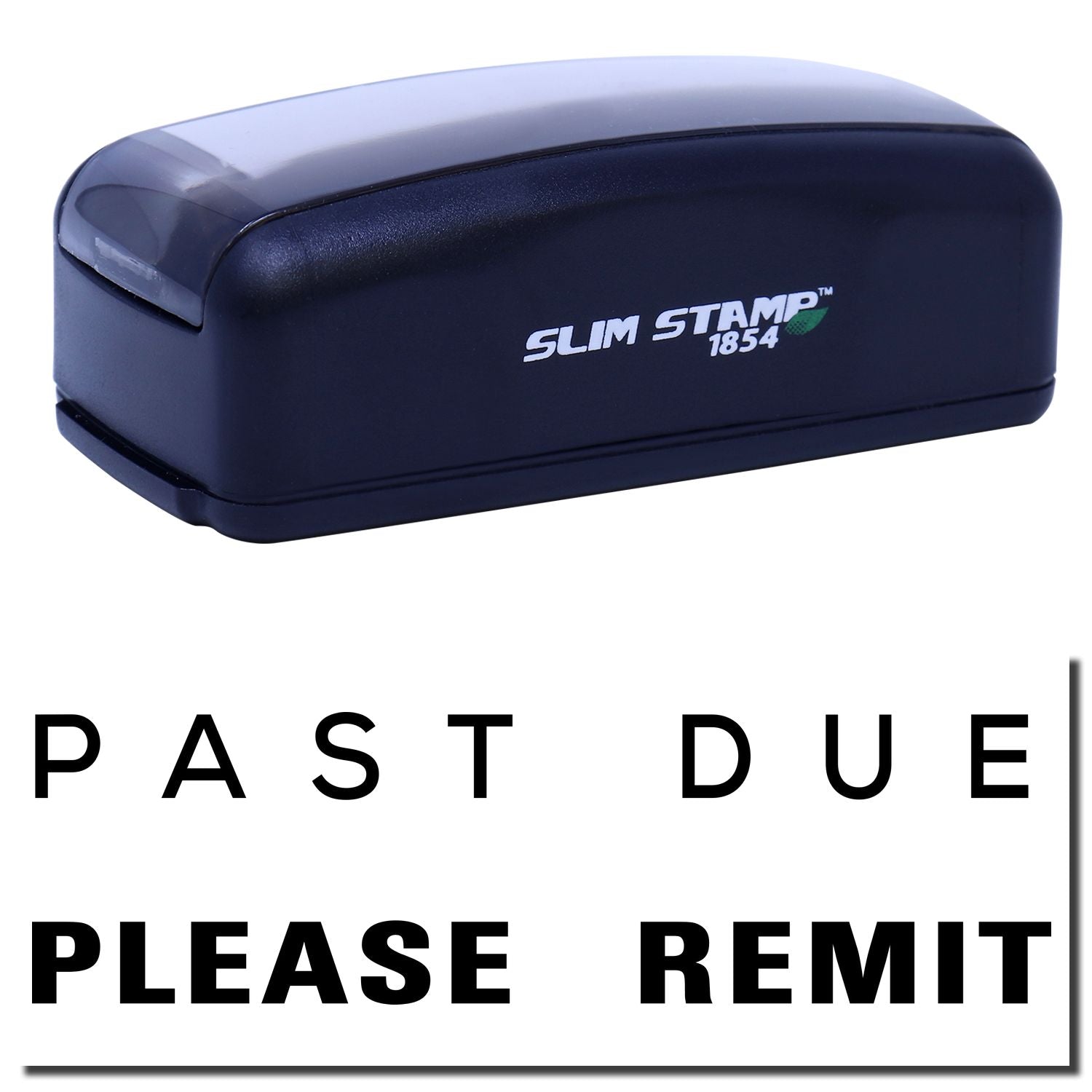 Slim Stamp 1854 self-inking date stamp for overdue notices, imprinting 'PAST DUE PLEASE REMIT' on invoices and letters quickly.
