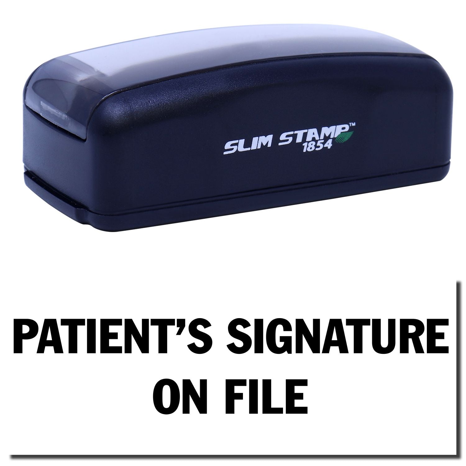 Slim Stamp 1854 label maker with Patents signature on file message, showing product branding and compliance.