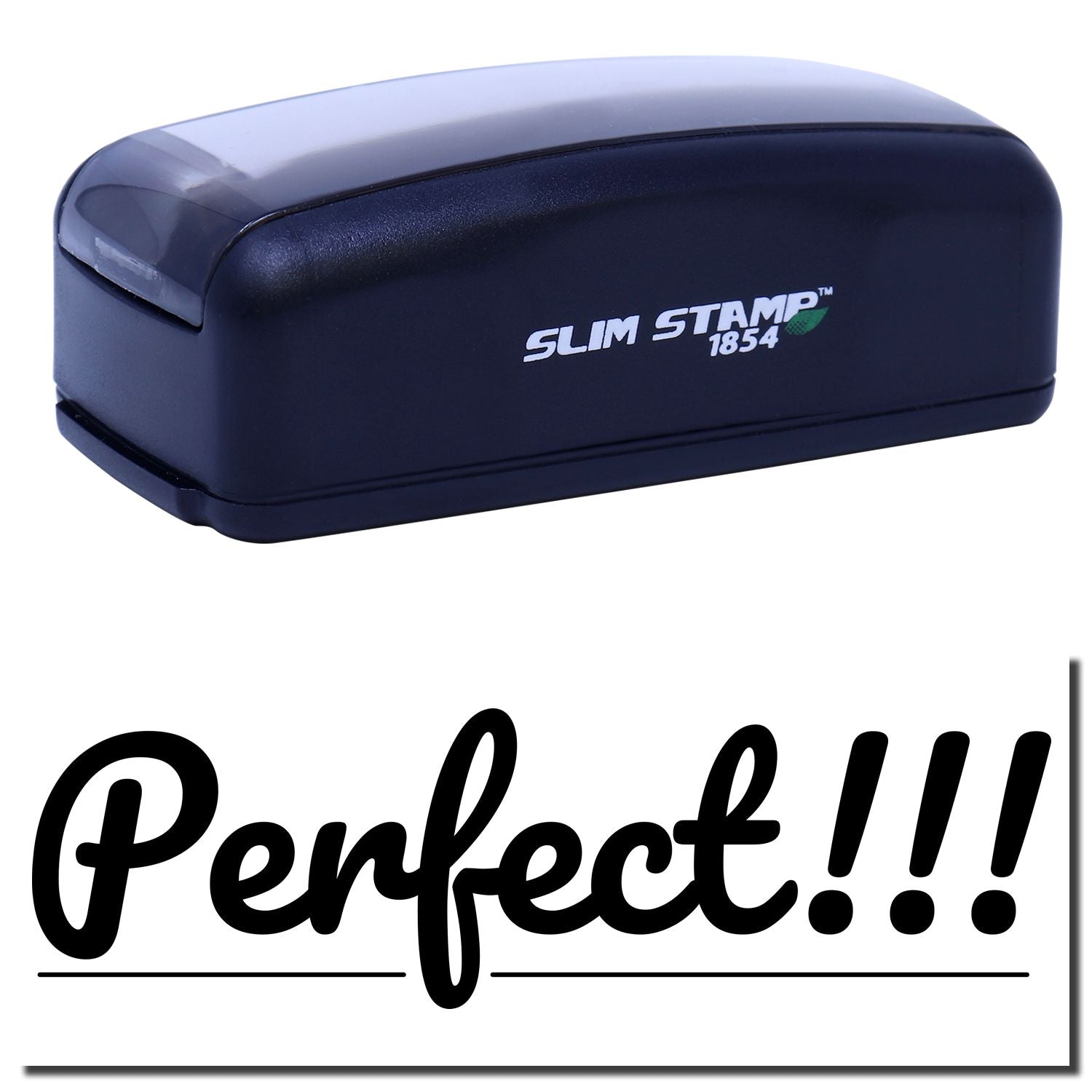Slim Stamp 1854 ink stamp product close-up with Perfect!!! branding, highlighting a compact stamper for office labels.