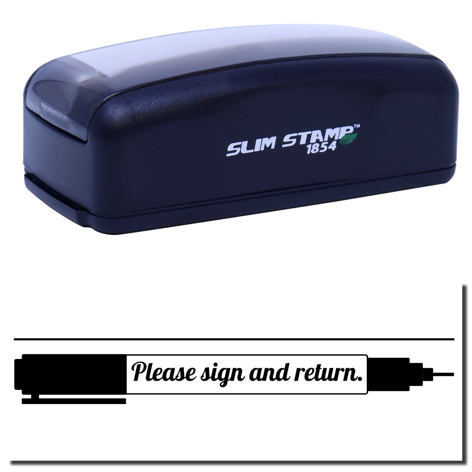Slim Stamp 1854 self-inking rubber stamp showing Please sign and return for document signatures, office mailings.