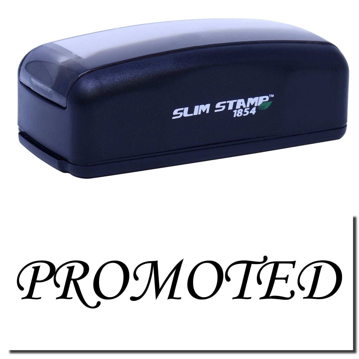 Slim Stamp 1854 self-inking rubber stamp on navy case, used for quick professional imprinting and branding