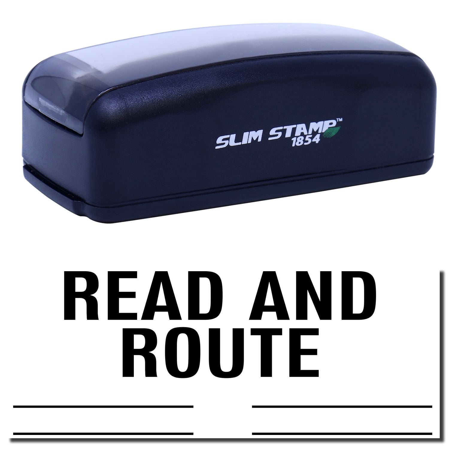 Slim STAMP 1854 self-inking stamp for marking documents, shown on Read And Route product packaging label.